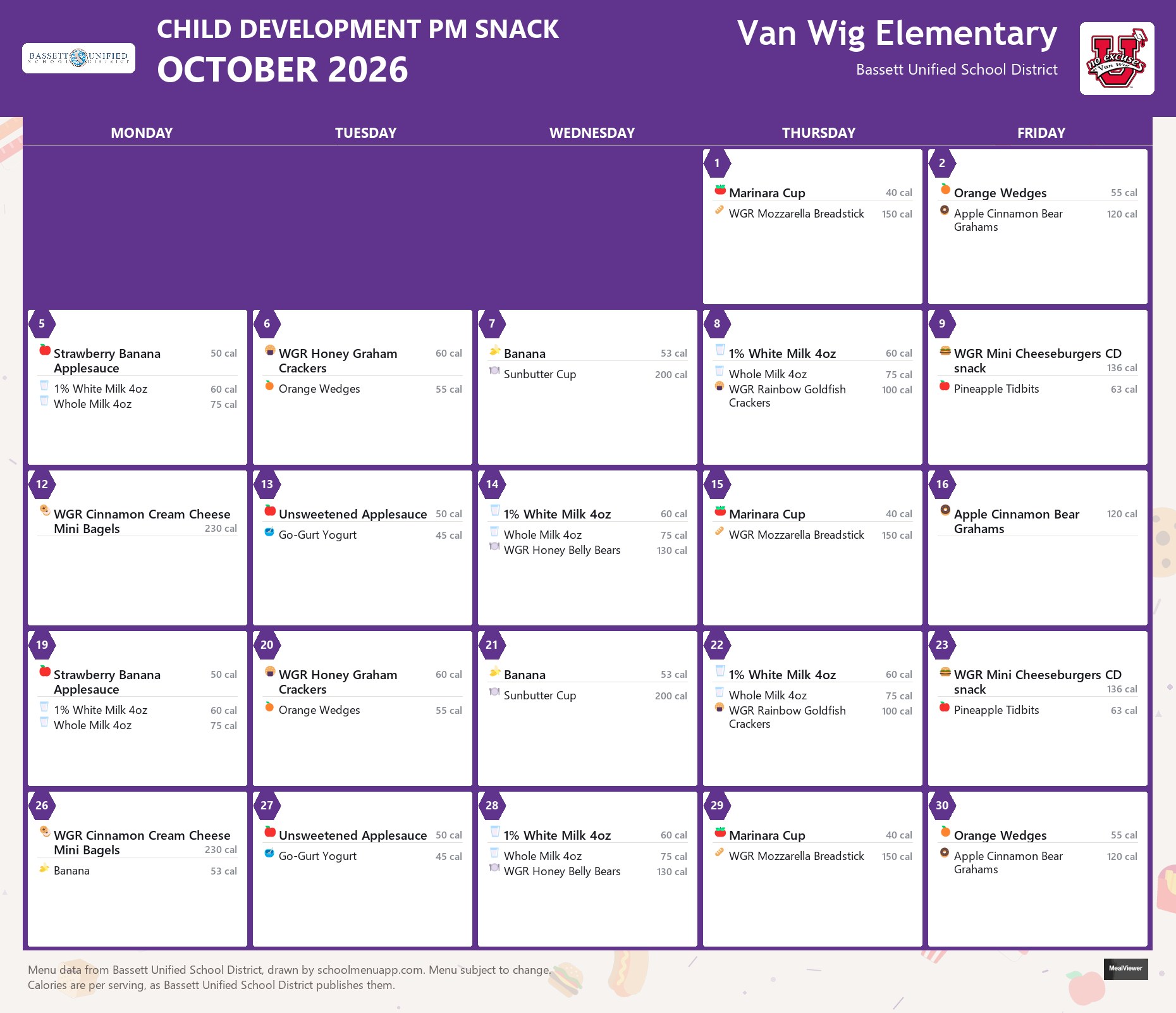 Van Wig Elementary child development pm snack menu for October 2026, Bassett USD