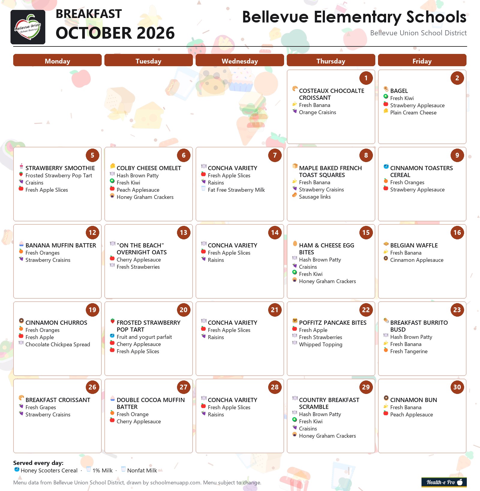 Bellevue Elementary Schools breakfast menu for October 2026, Bellevue Union School District