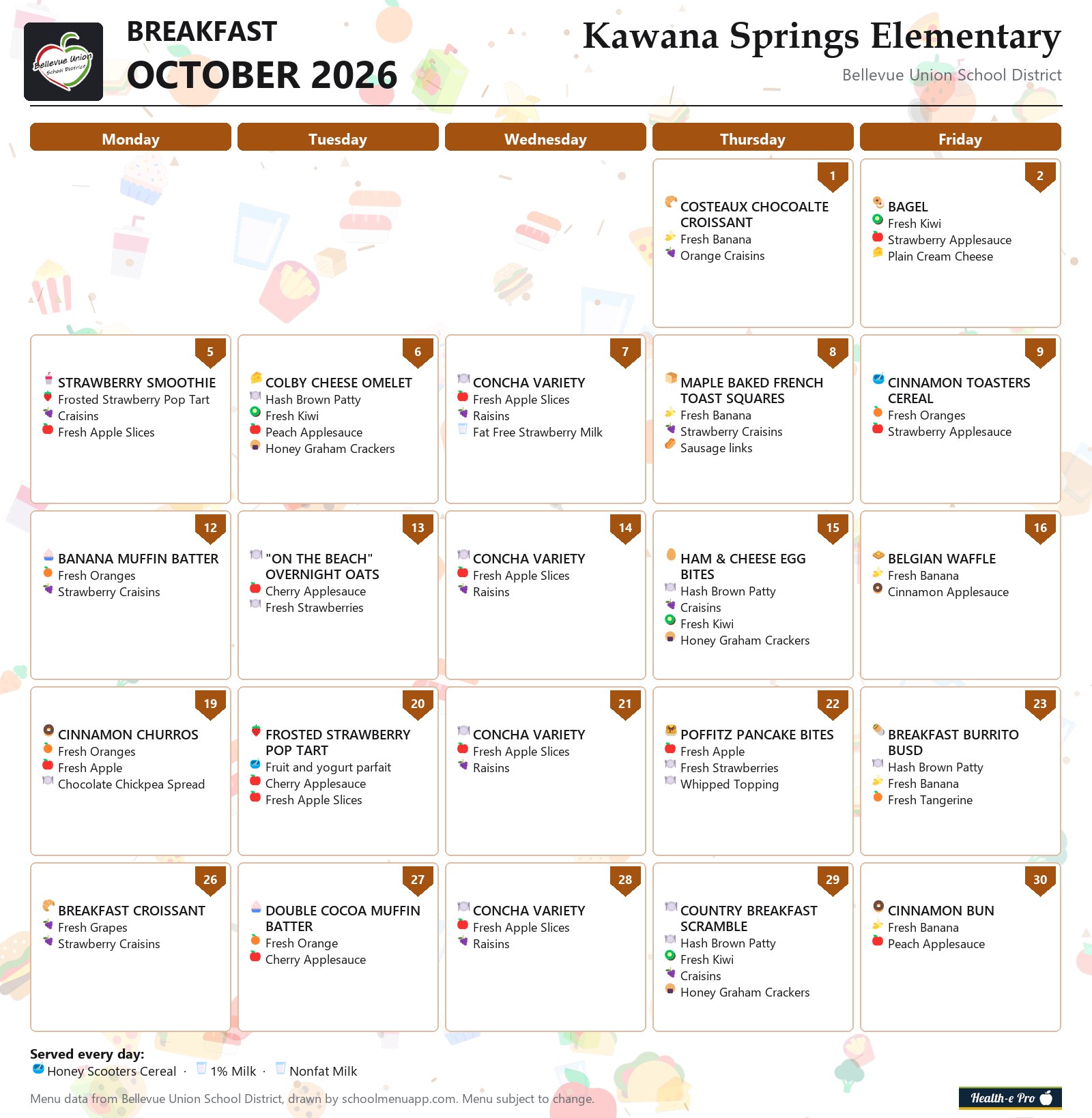 Kawana Springs Elementary breakfast menu for October 2026, Bellevue Union School District