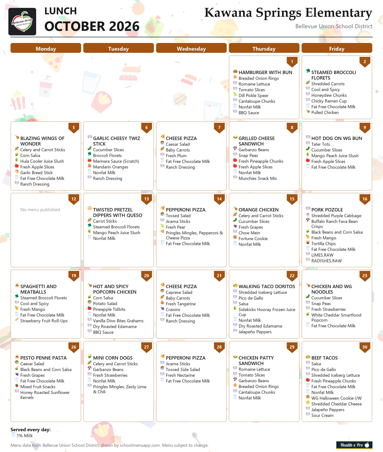 Kawana Springs Elementary lunch menu for October 2026, Bellevue Union School District