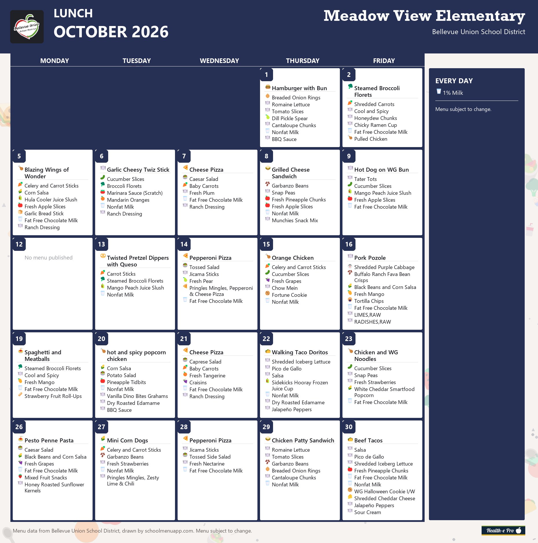 Meadow View Elementary lunch menu for October 2026, Bellevue Union School District