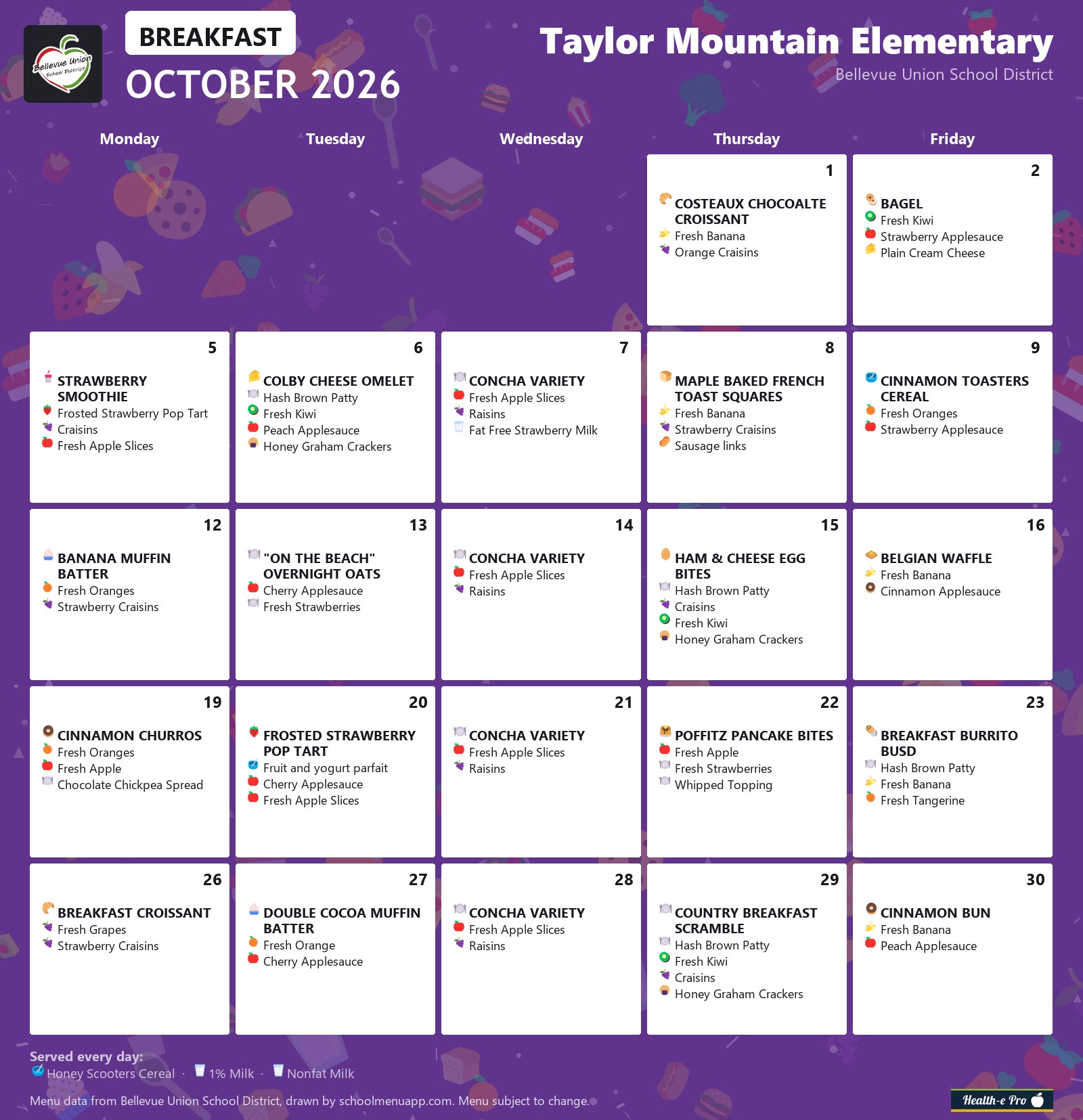 Taylor Mountain Elementary breakfast menu for October 2026, Bellevue Union School District