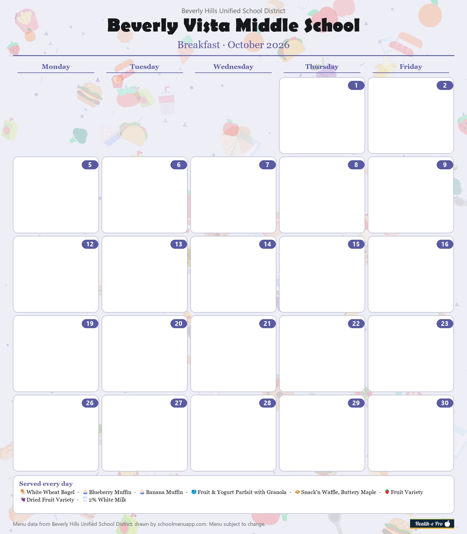 Beverly Vista Middle School breakfast menu for October 2026, Beverly Hills USD