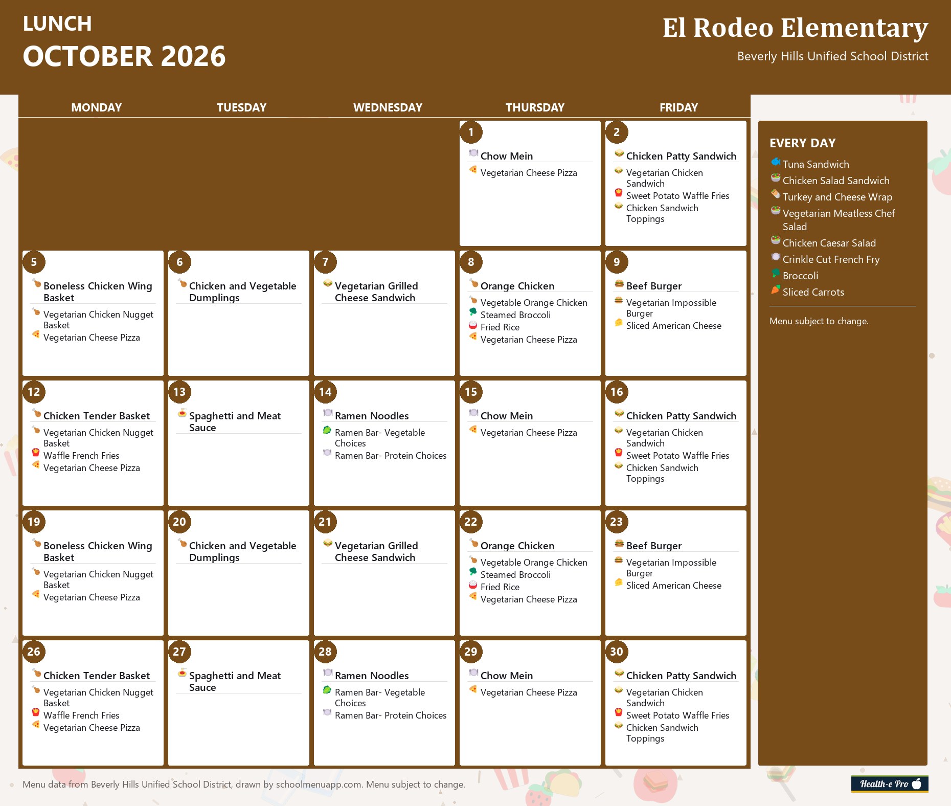 El Rodeo Elementary lunch menu for October 2026, Beverly Hills USD