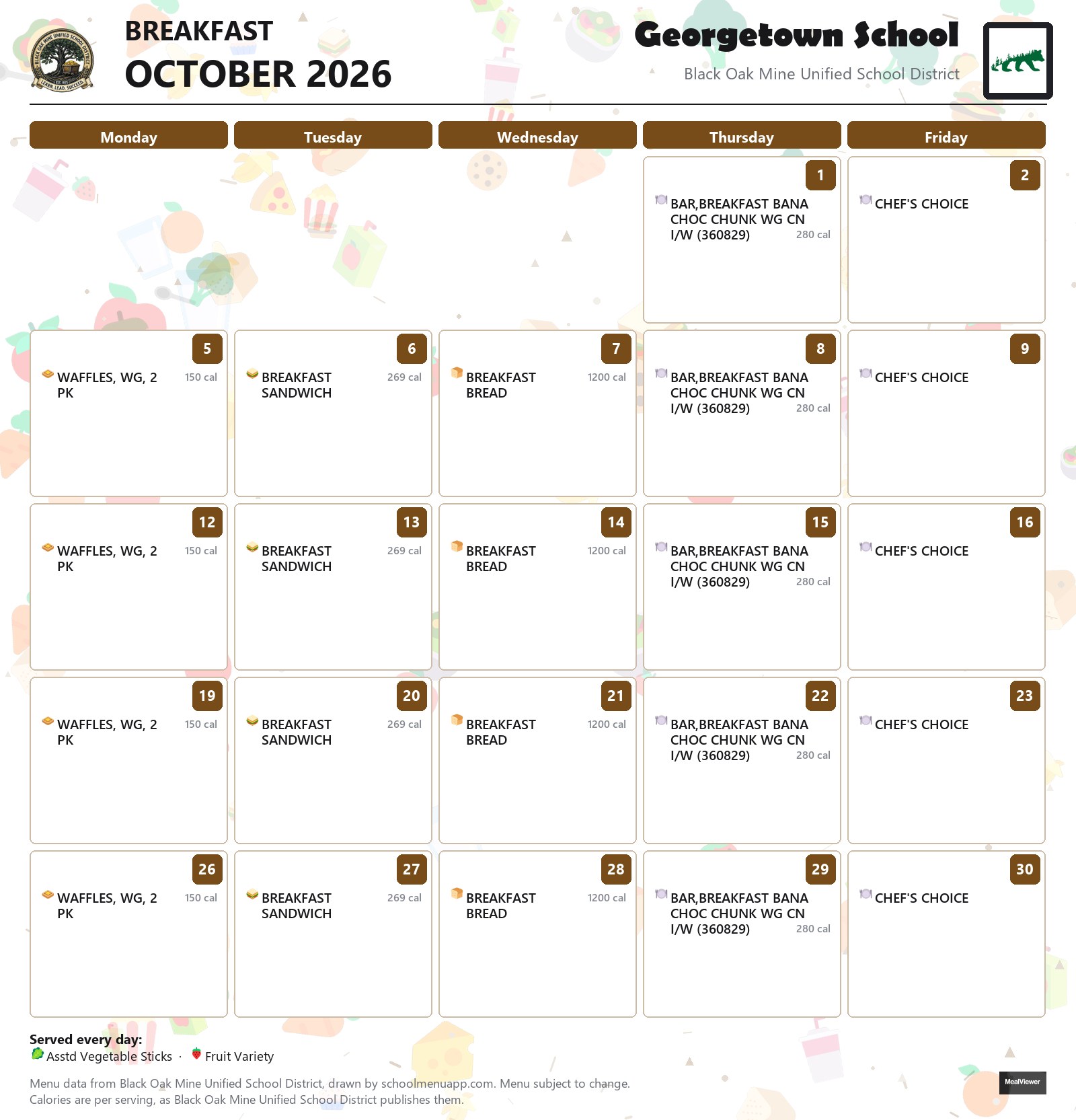 Georgetown School breakfast menu for October 2026, Black Oak Mine USD