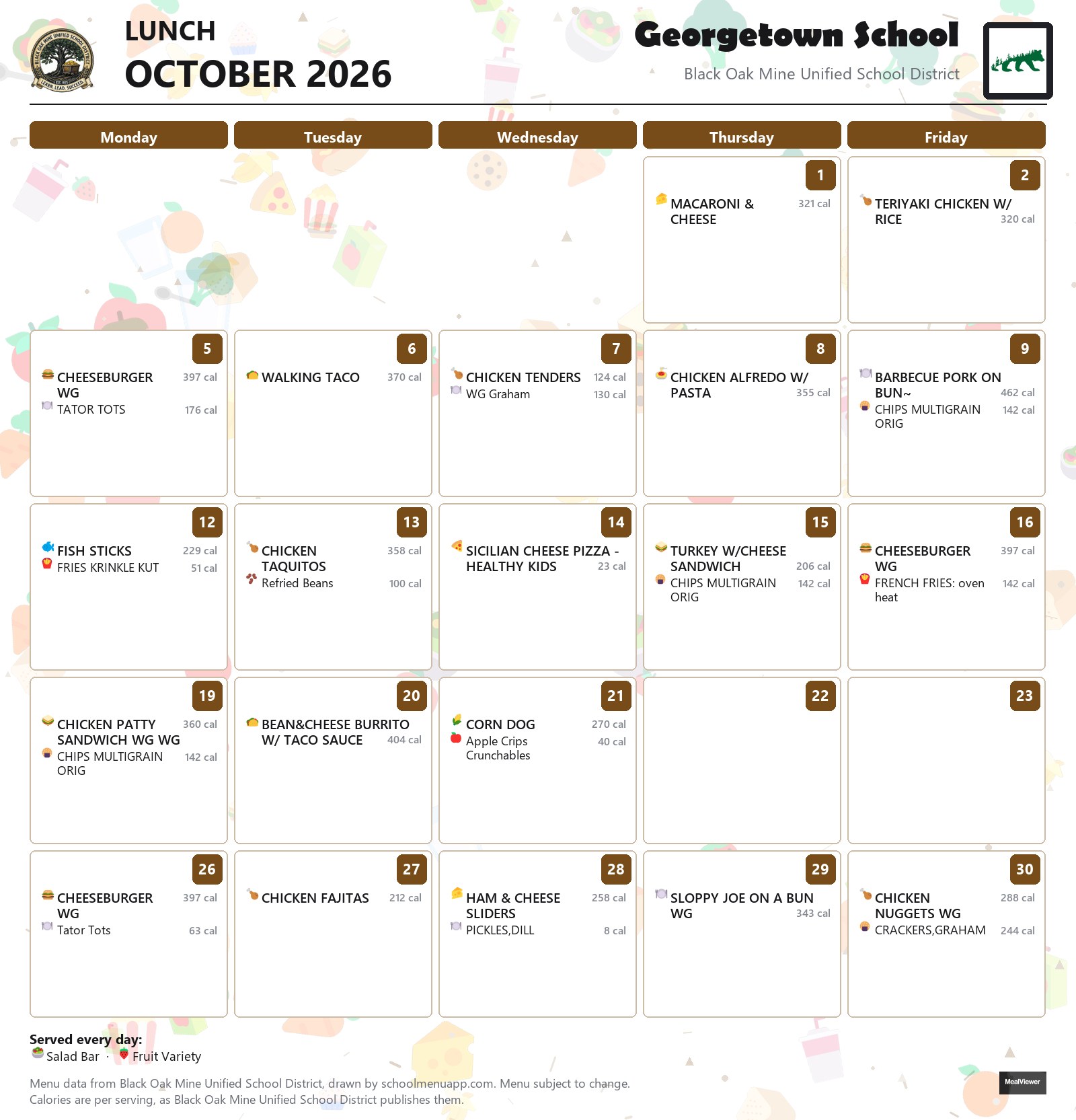 Georgetown School lunch menu for October 2026, Black Oak Mine USD