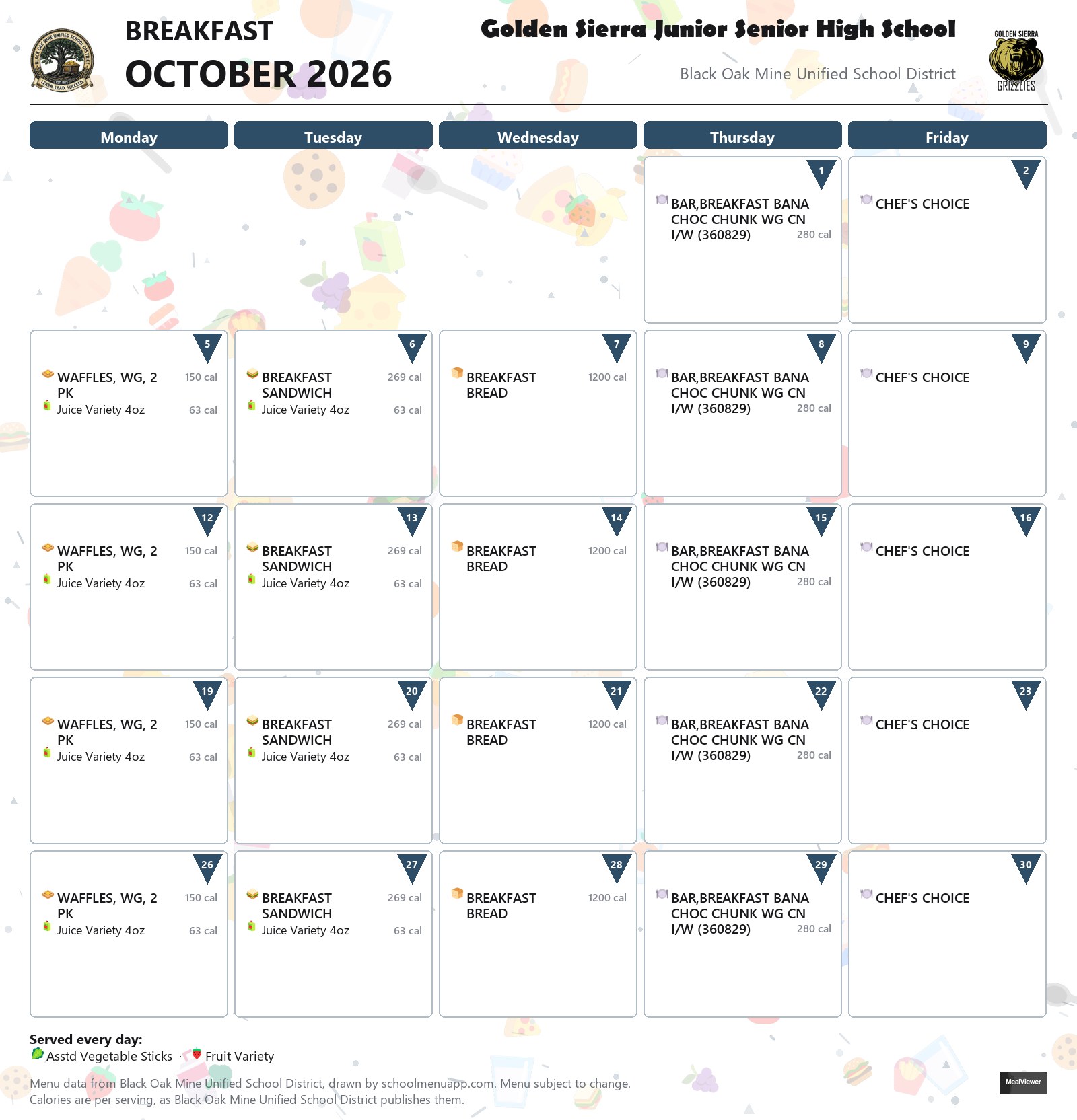 Golden Sierra Junior Senior High School breakfast menu for October 2026, Black Oak Mine USD