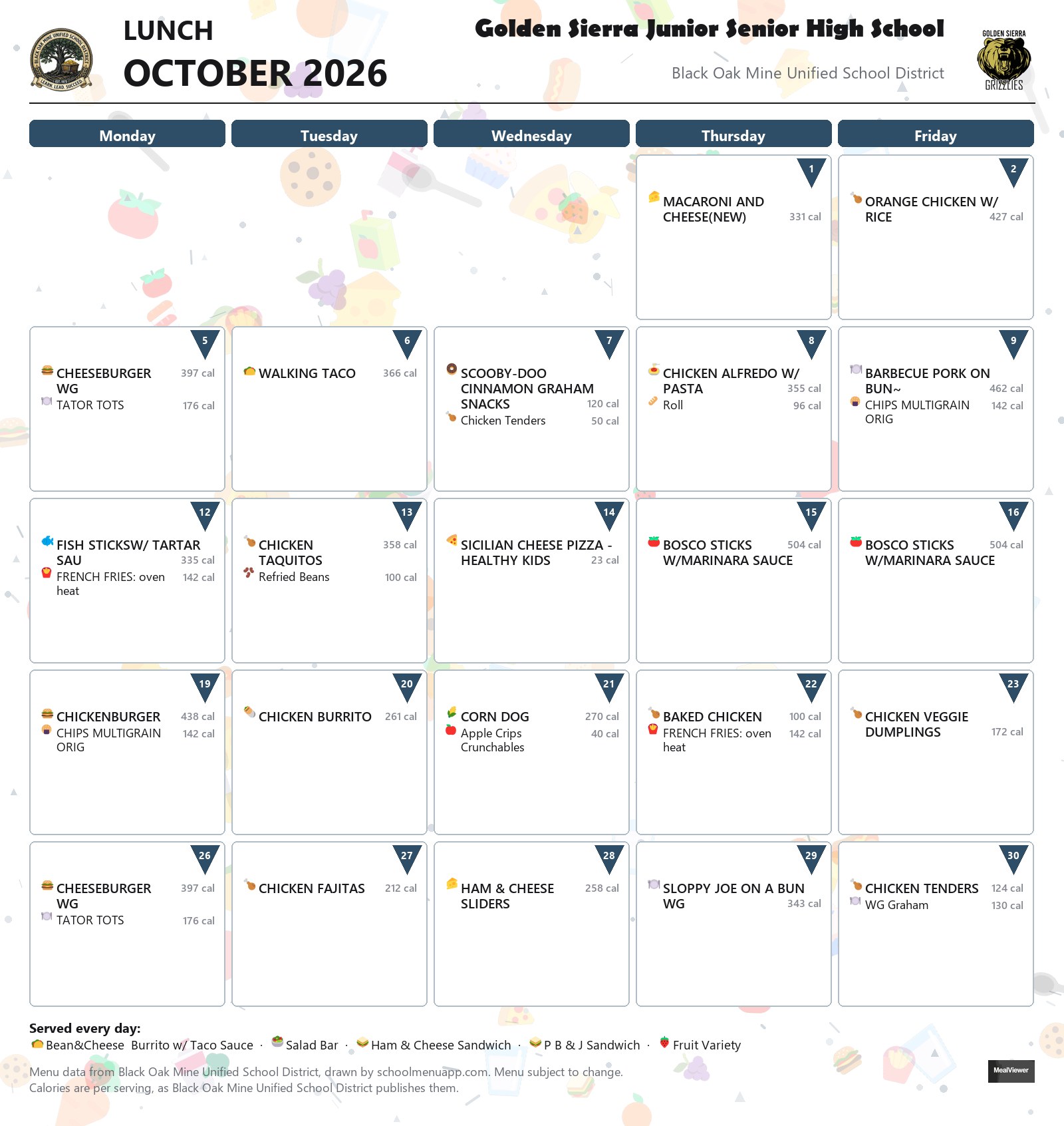 Golden Sierra Junior Senior High School lunch menu for October 2026, Black Oak Mine USD