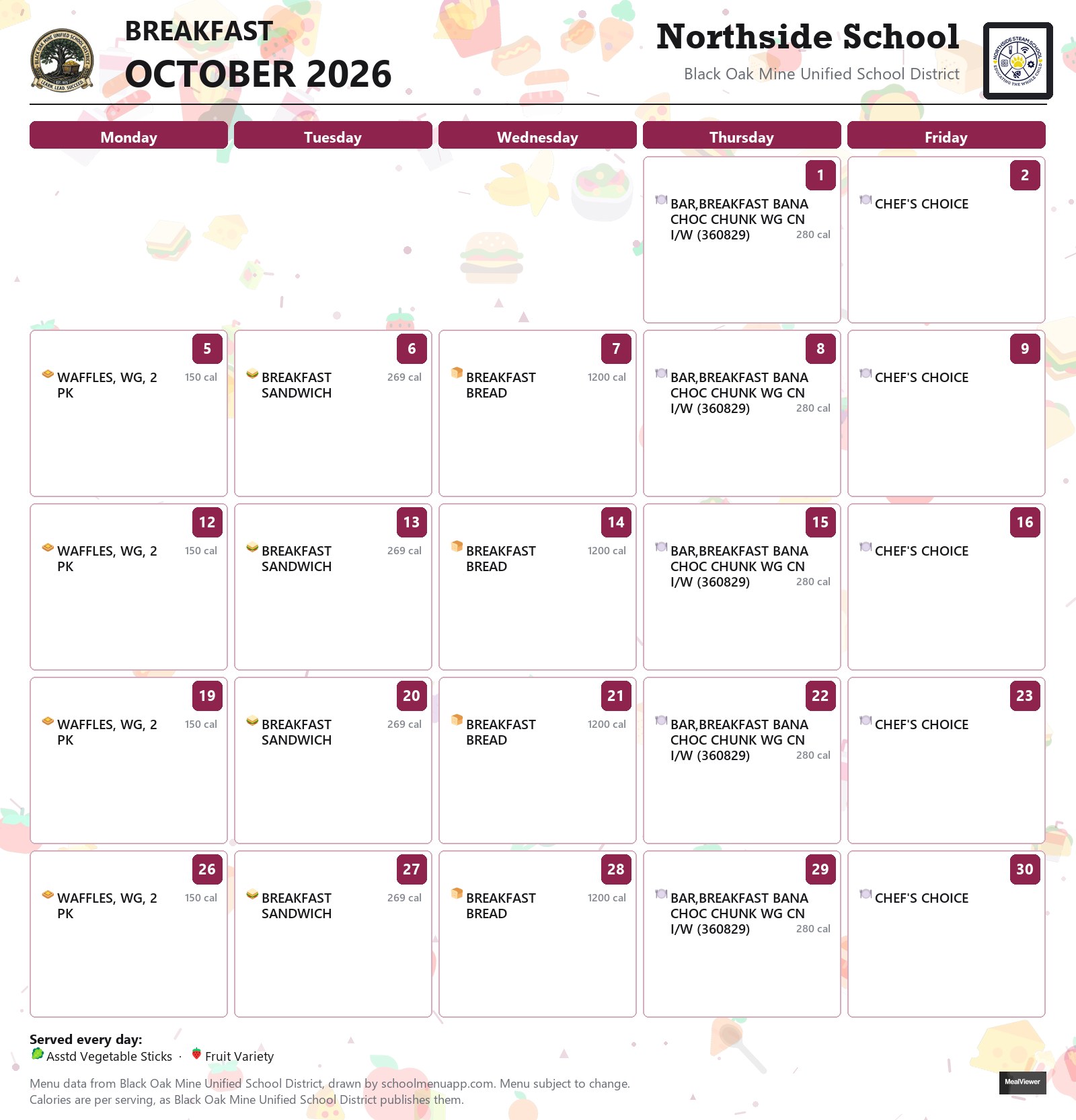 Northside School breakfast menu for October 2026, Black Oak Mine USD