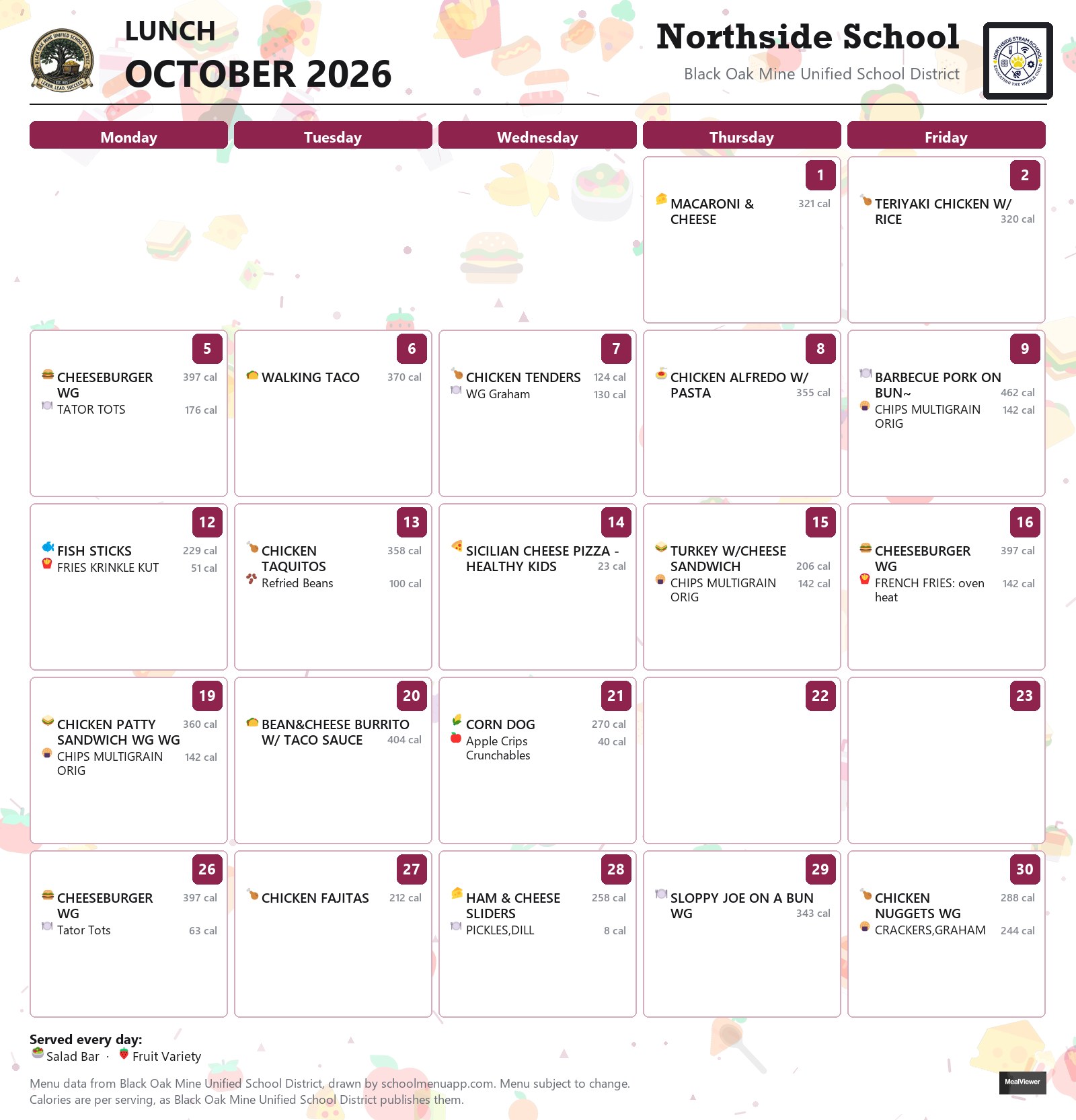 Northside School lunch menu for October 2026, Black Oak Mine USD