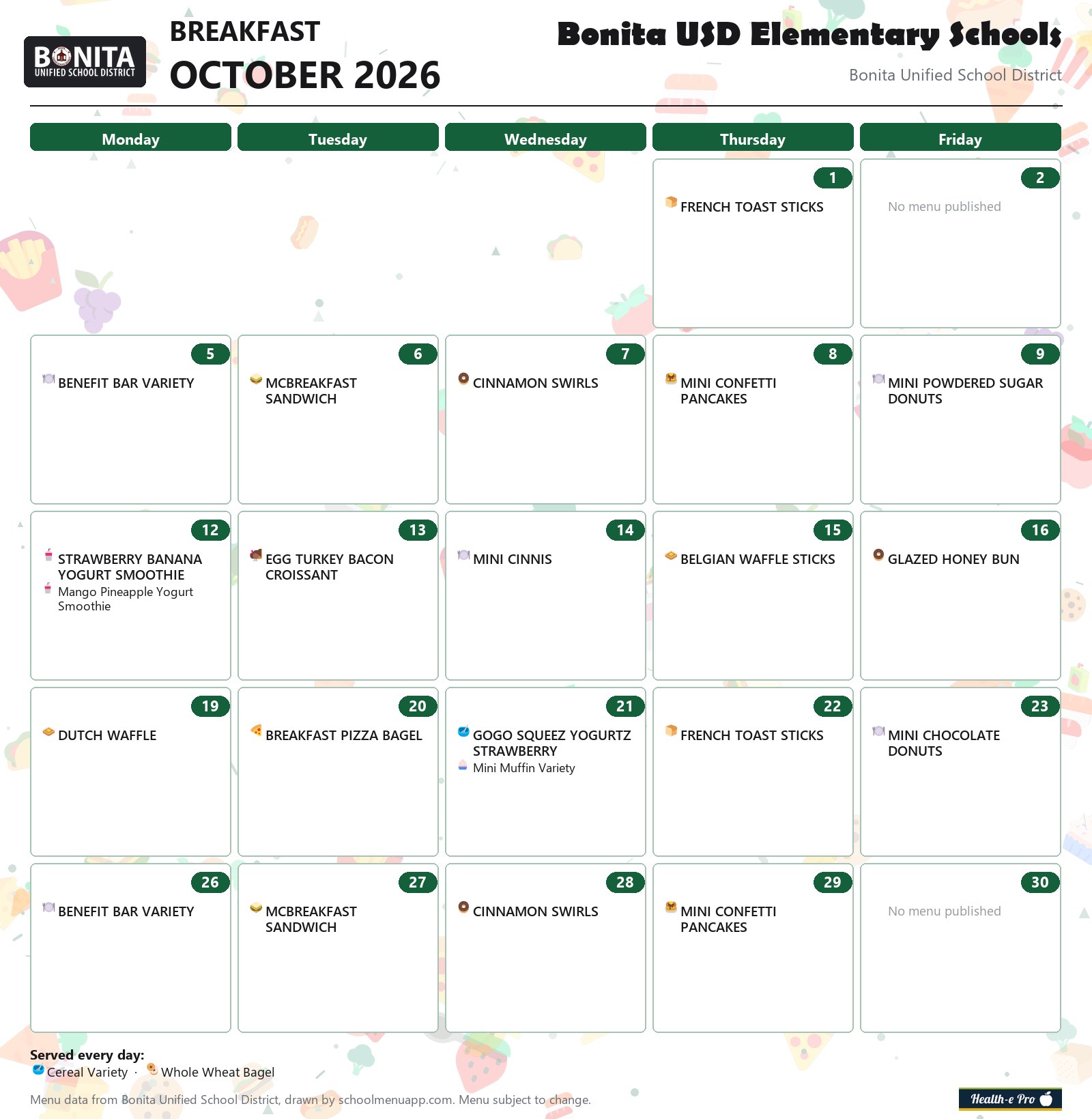 Bonita USD Elementary Schools breakfast menu for October 2026, Bonita USD