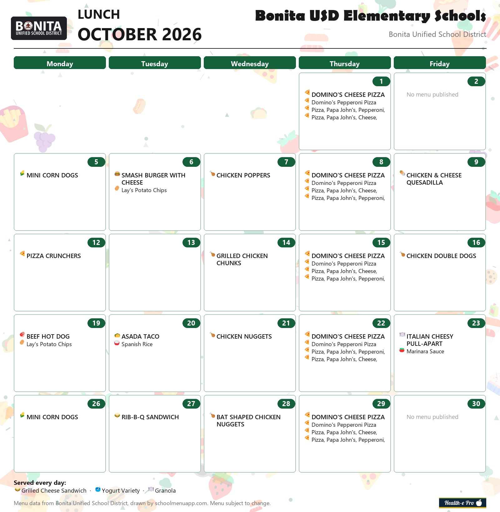 Bonita USD Elementary Schools lunch menu for October 2026, Bonita USD