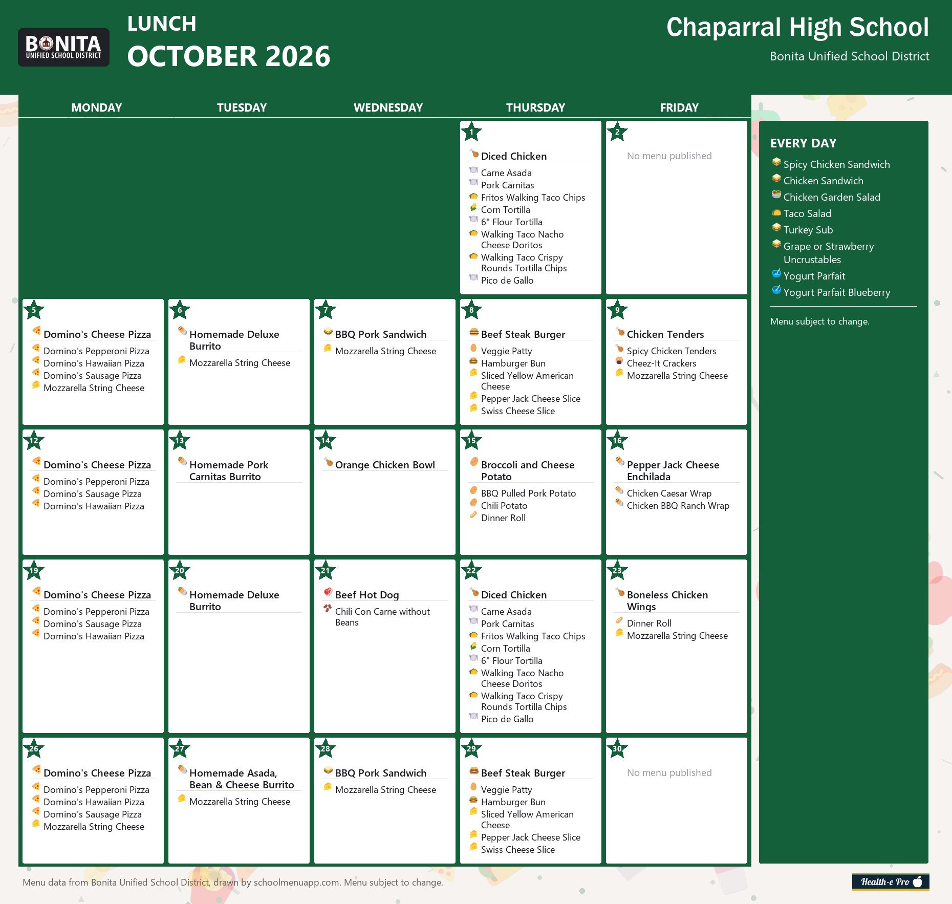 Chaparral High School lunch menu for October 2026, Bonita USD