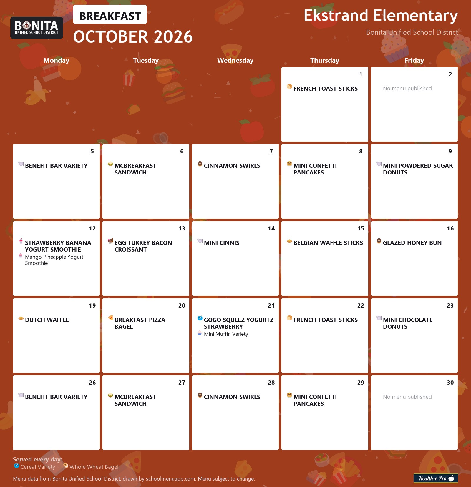 Ekstrand Elementary breakfast menu for October 2026, Bonita USD
