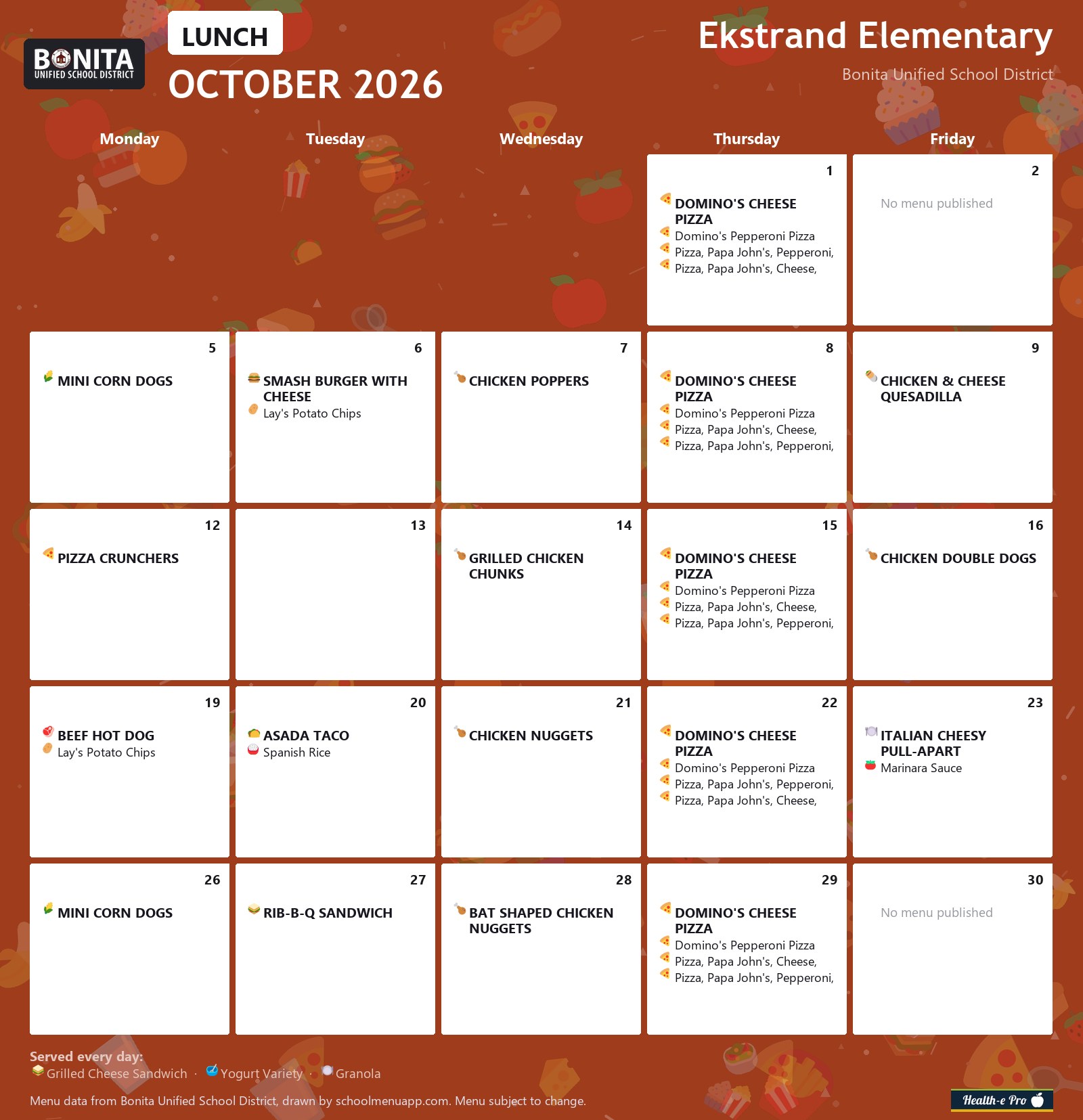 Ekstrand Elementary lunch menu for October 2026, Bonita USD