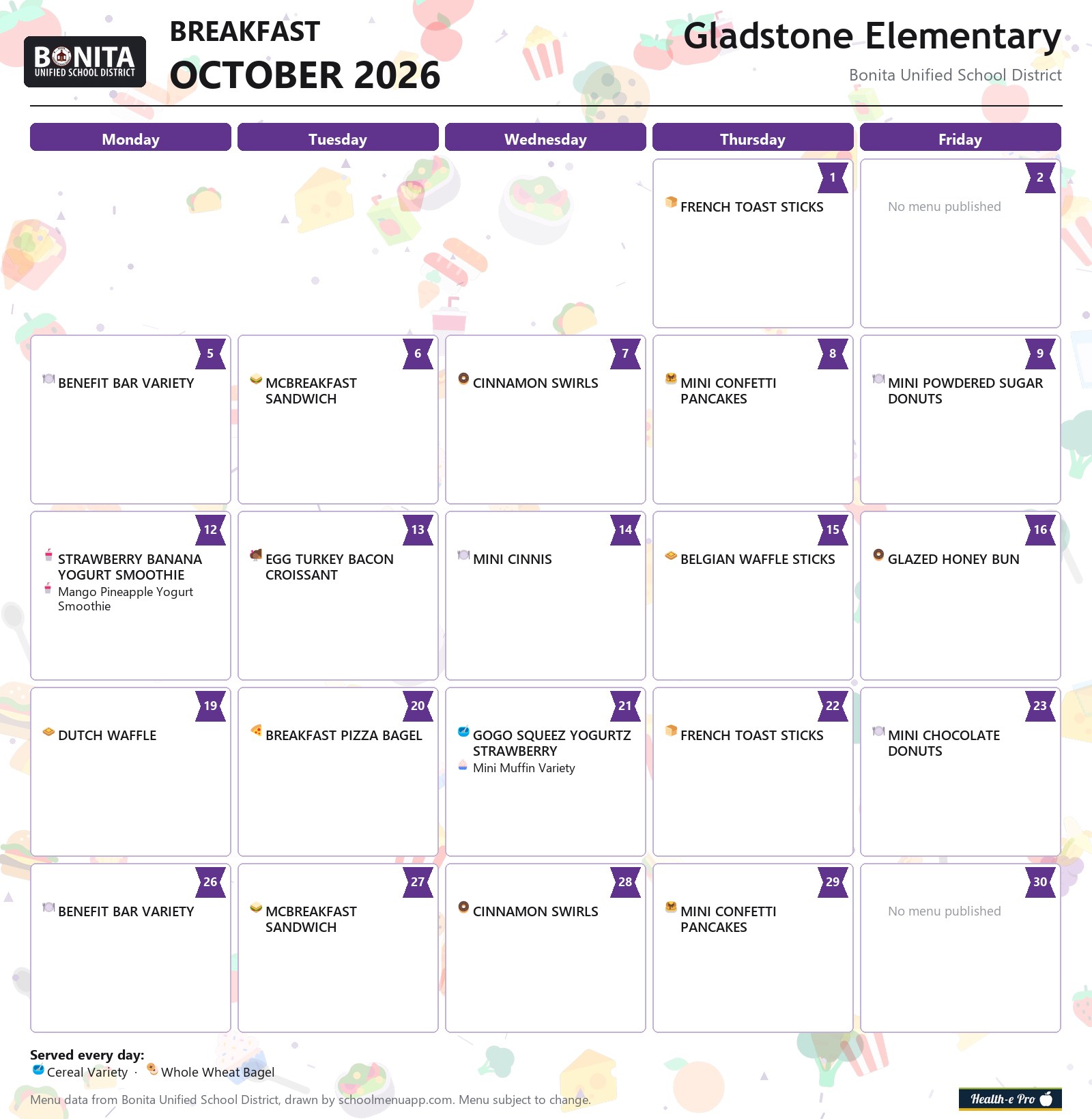 Gladstone Elementary breakfast menu for October 2026, Bonita USD