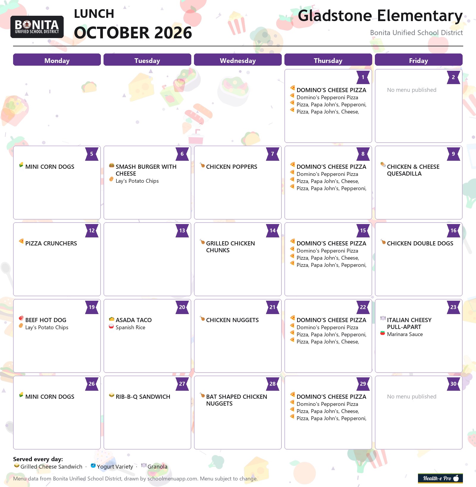 Gladstone Elementary lunch menu for October 2026, Bonita USD