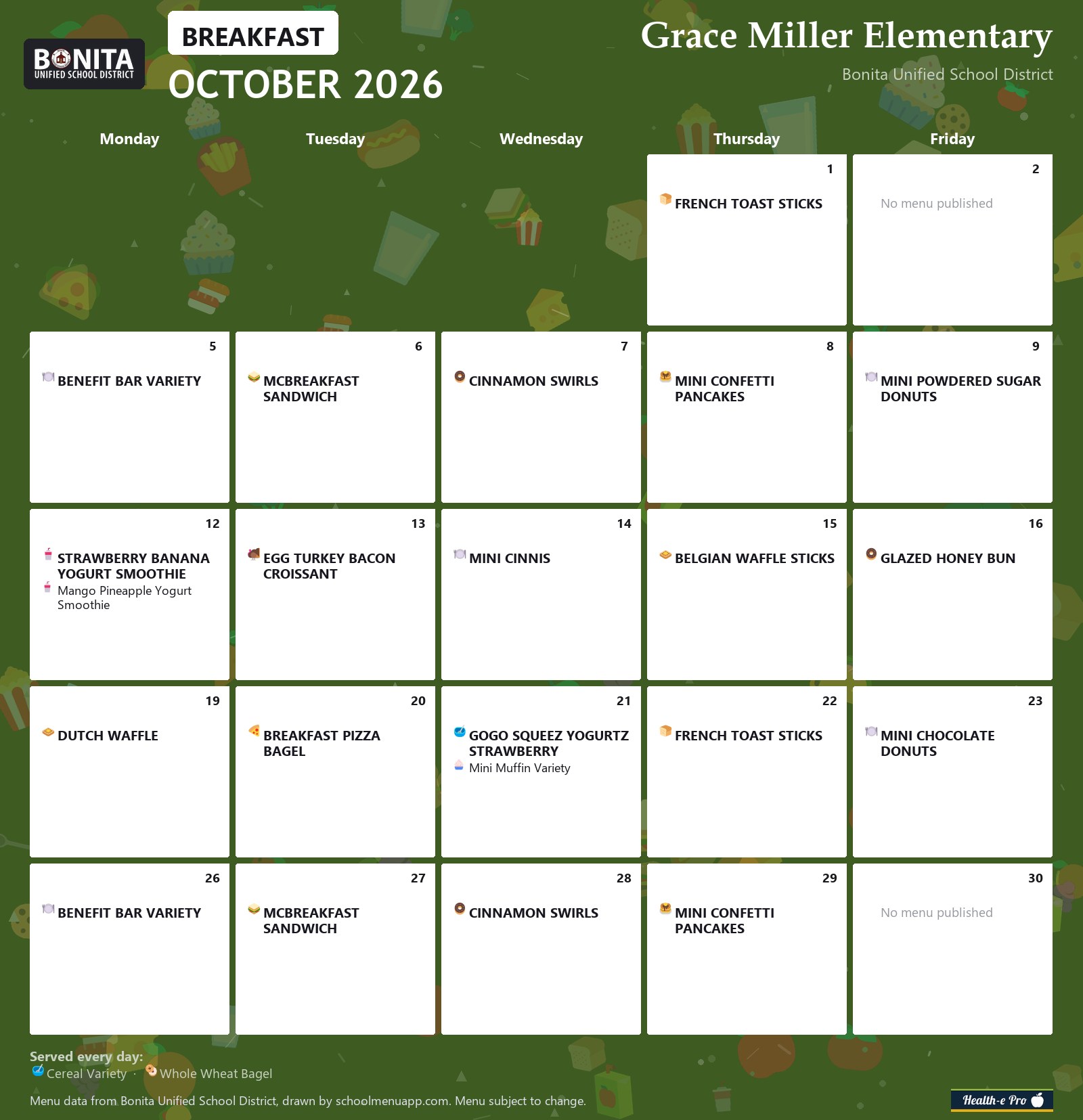 Grace Miller Elementary breakfast menu for October 2026, Bonita USD