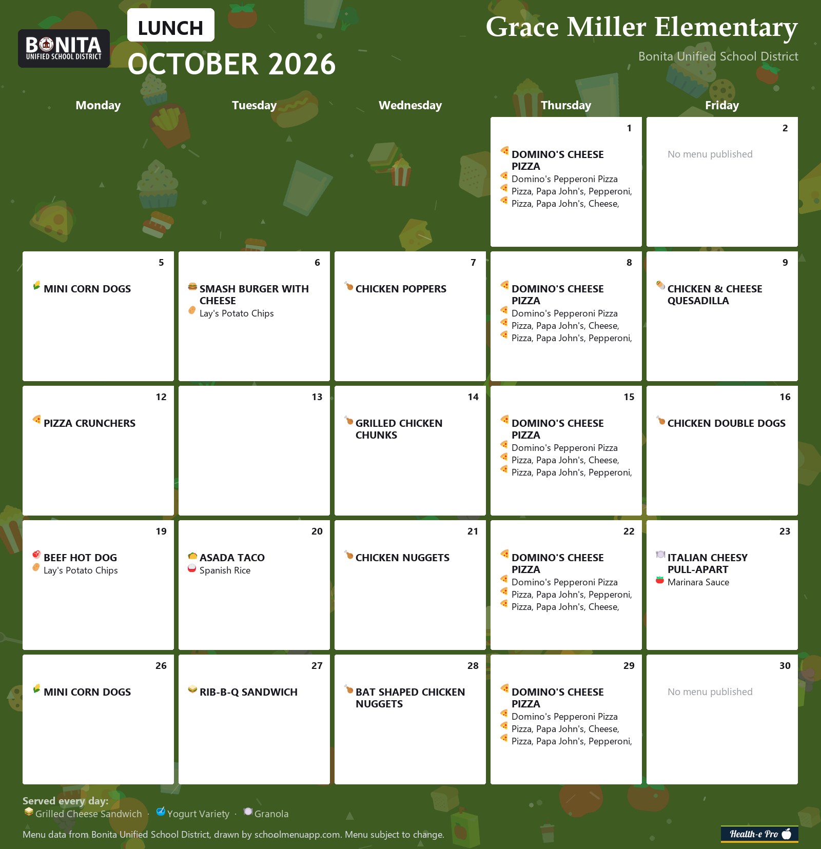 Grace Miller Elementary lunch menu for October 2026, Bonita USD