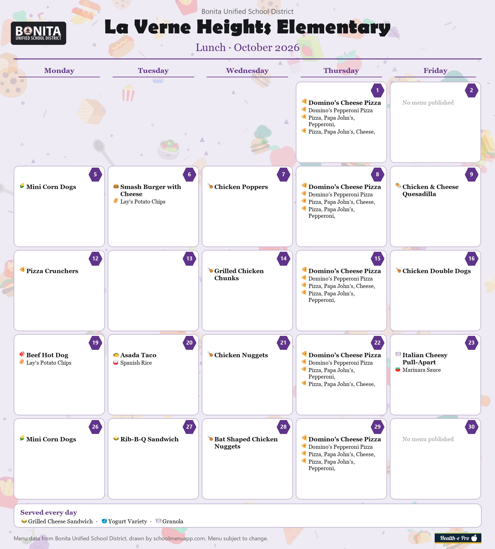 La Verne Heights Elementary lunch menu for October 2026, Bonita USD