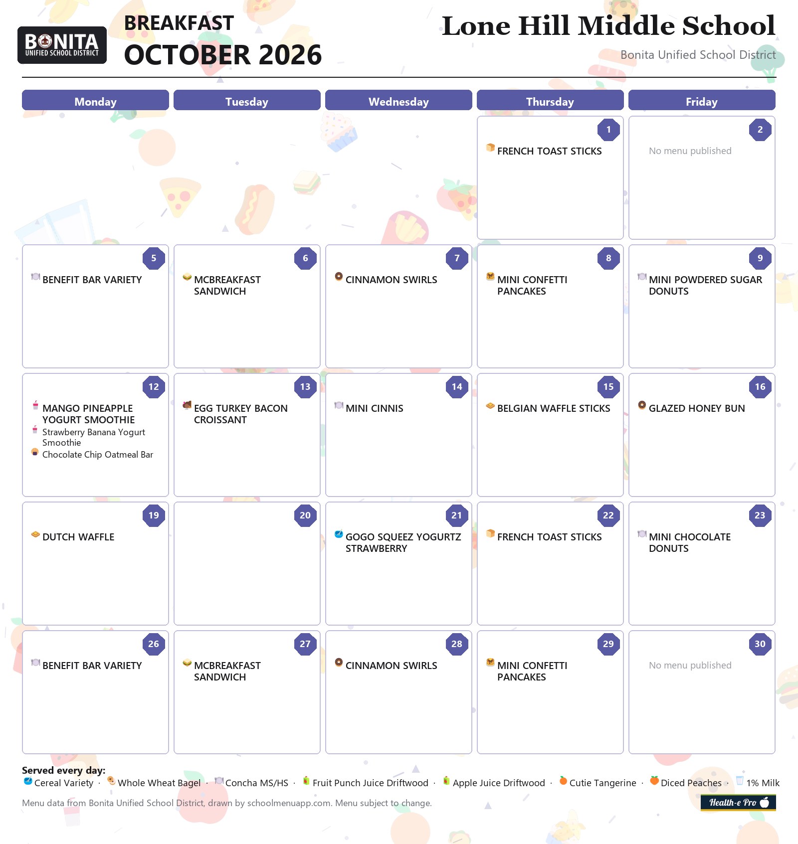 Lone Hill Middle School breakfast menu for October 2026, Bonita USD