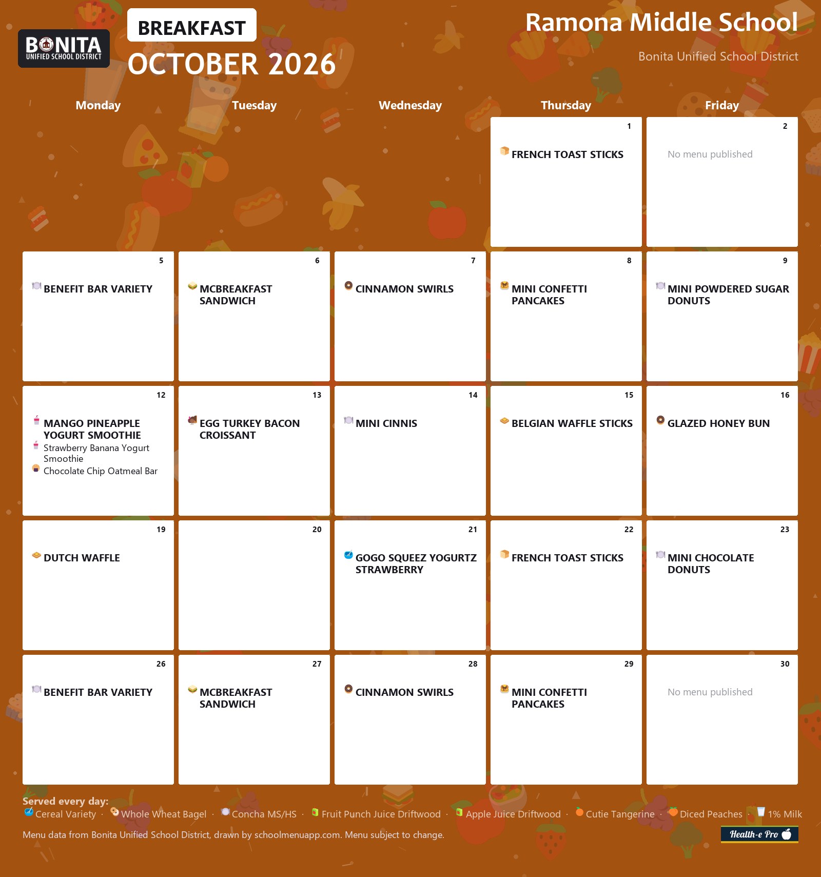 Ramona Middle School breakfast menu for October 2026, Bonita USD