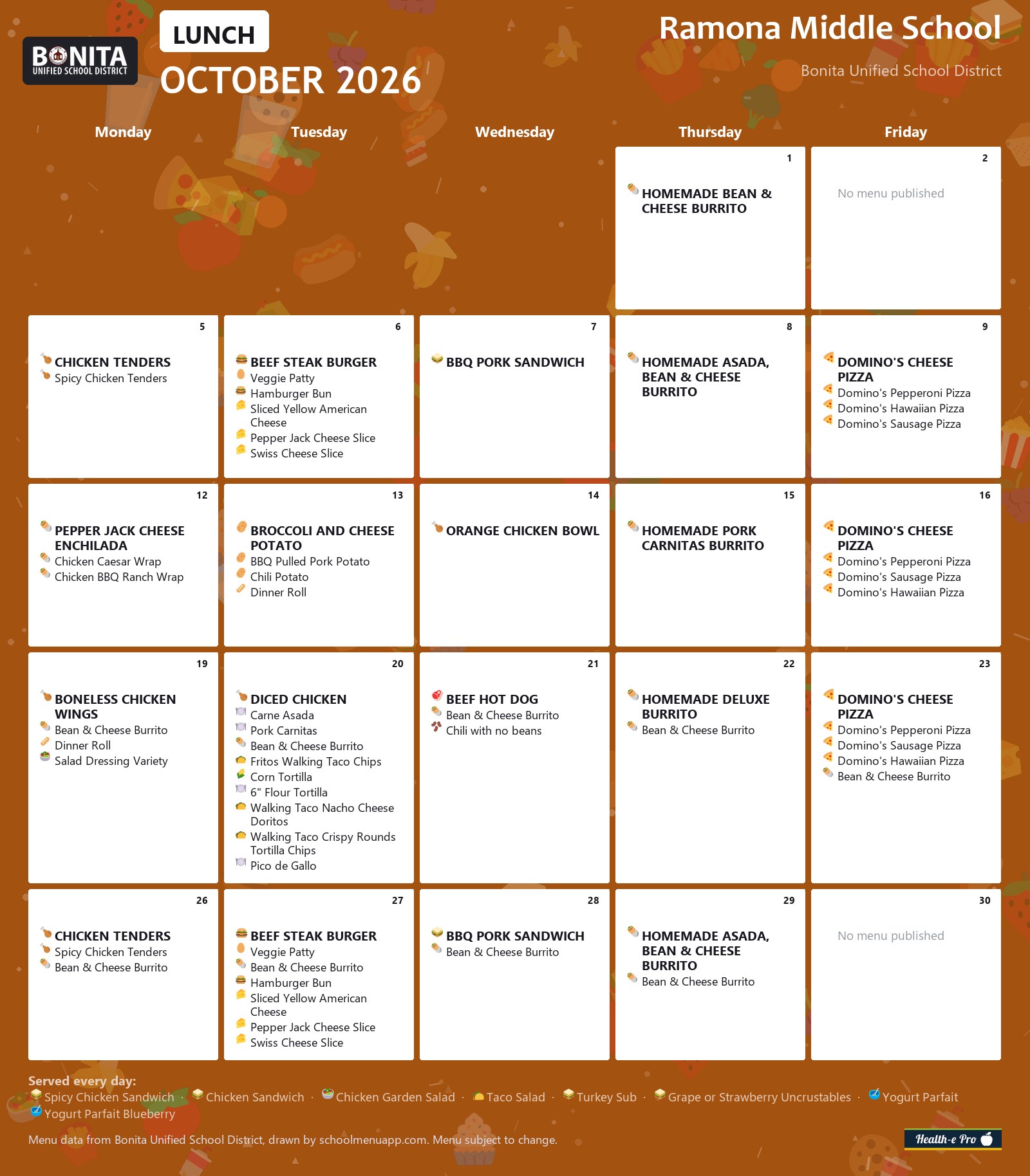 Ramona Middle School lunch menu for October 2026, Bonita USD