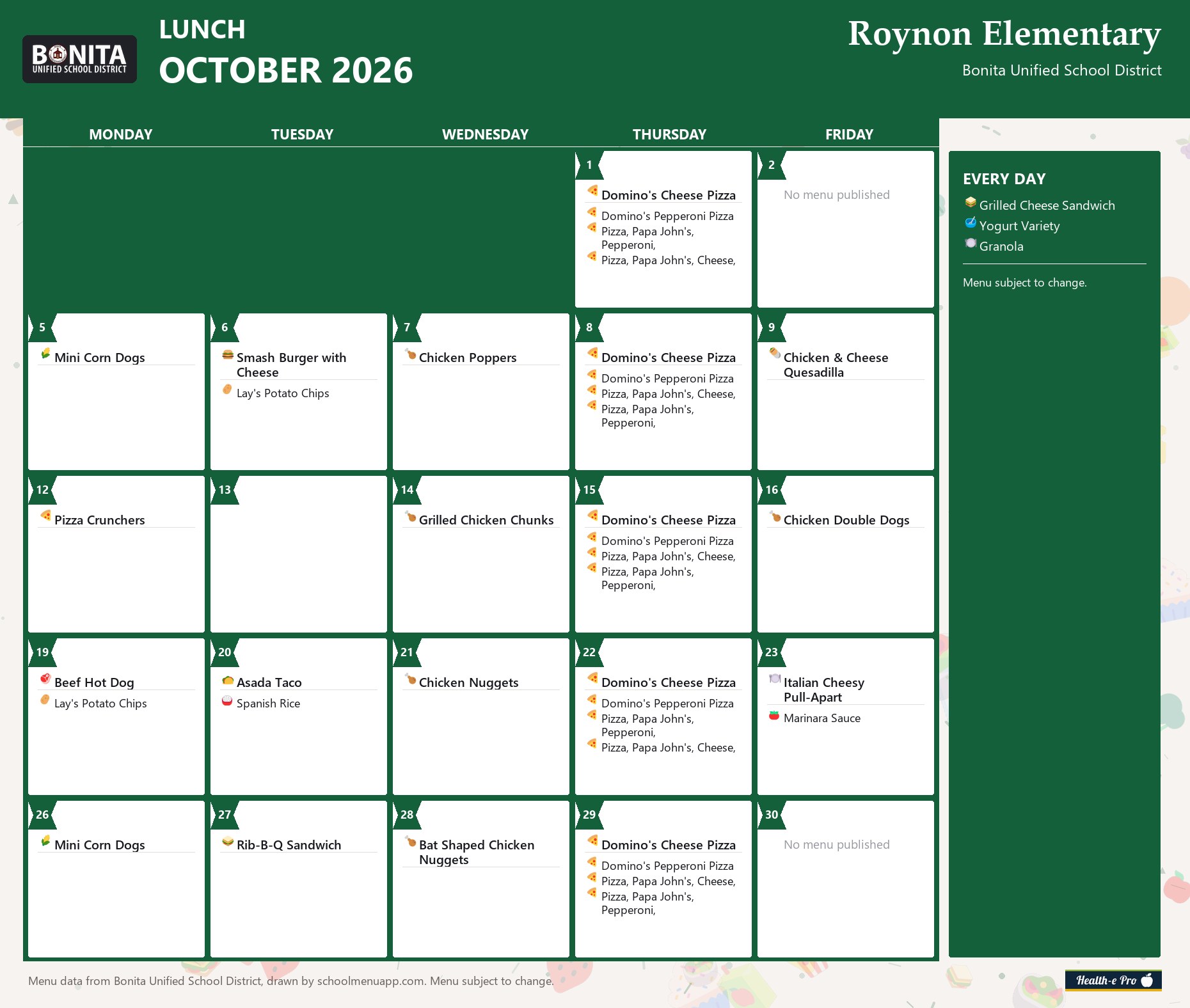 Roynon Elementary lunch menu for October 2026, Bonita USD