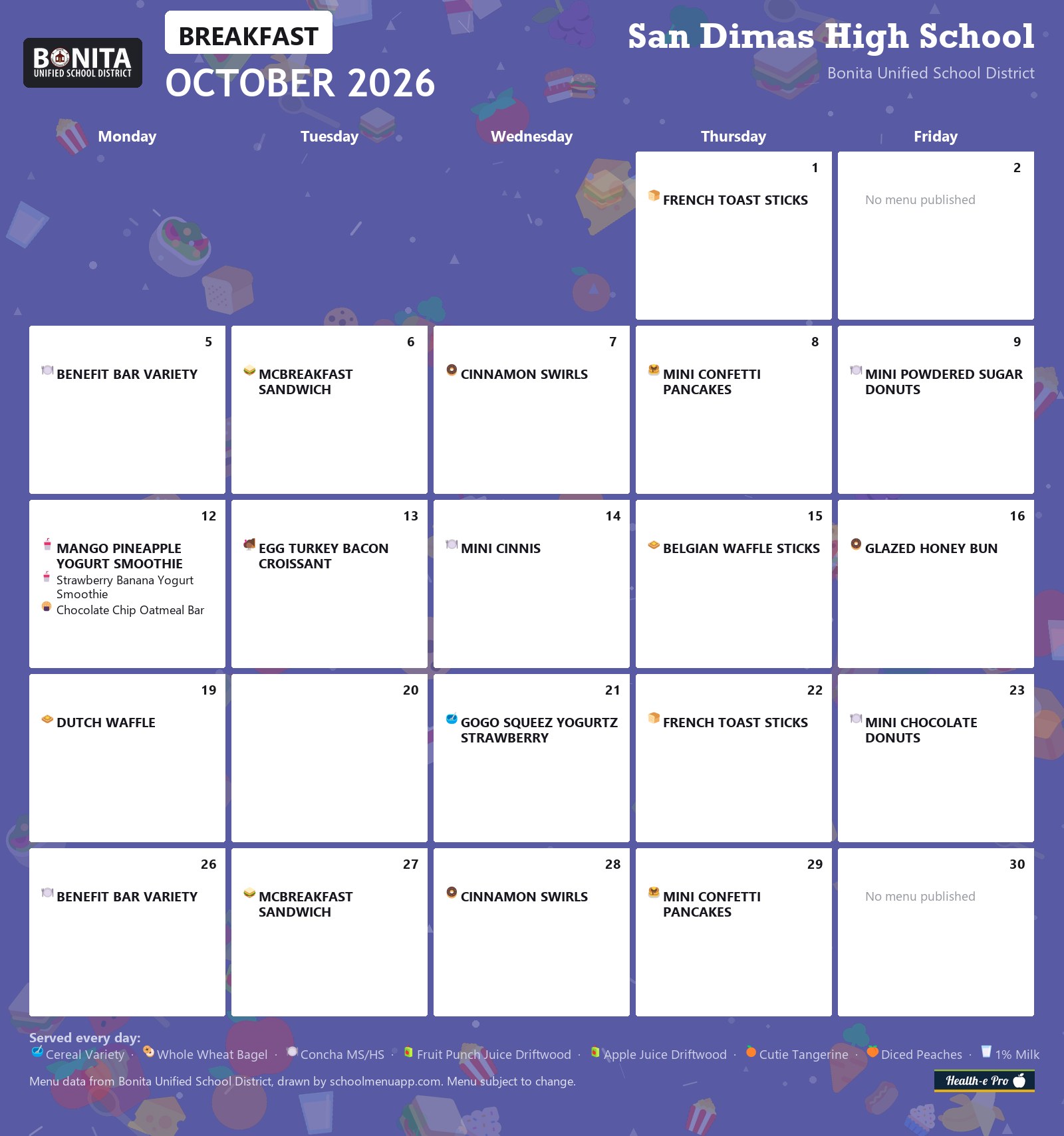 San Dimas High School breakfast menu for October 2026, Bonita USD