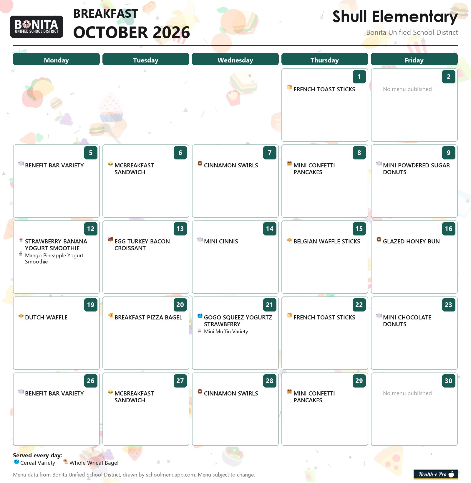 Shull Elementary breakfast menu for October 2026, Bonita USD