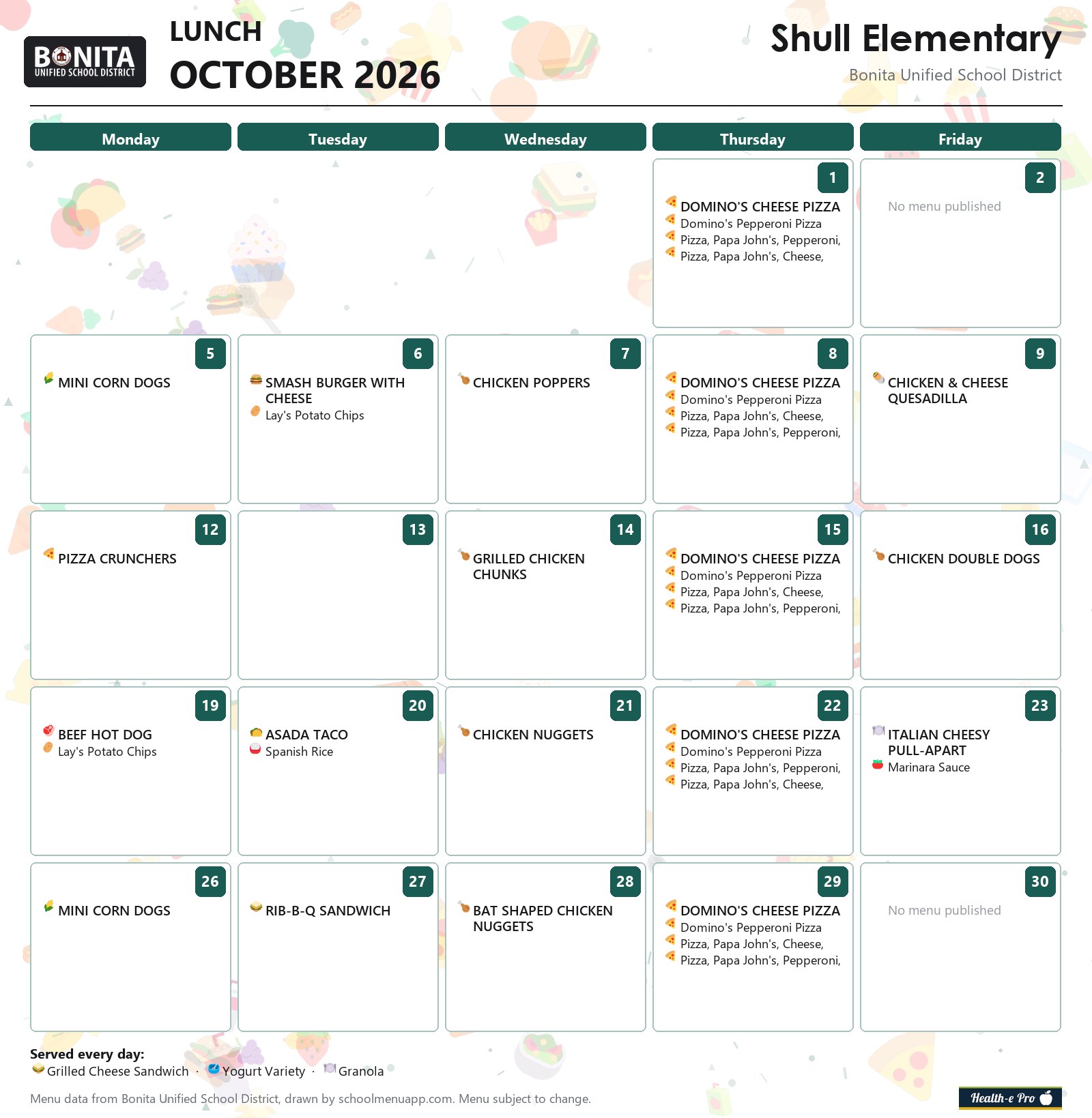 Shull Elementary lunch menu for October 2026, Bonita USD