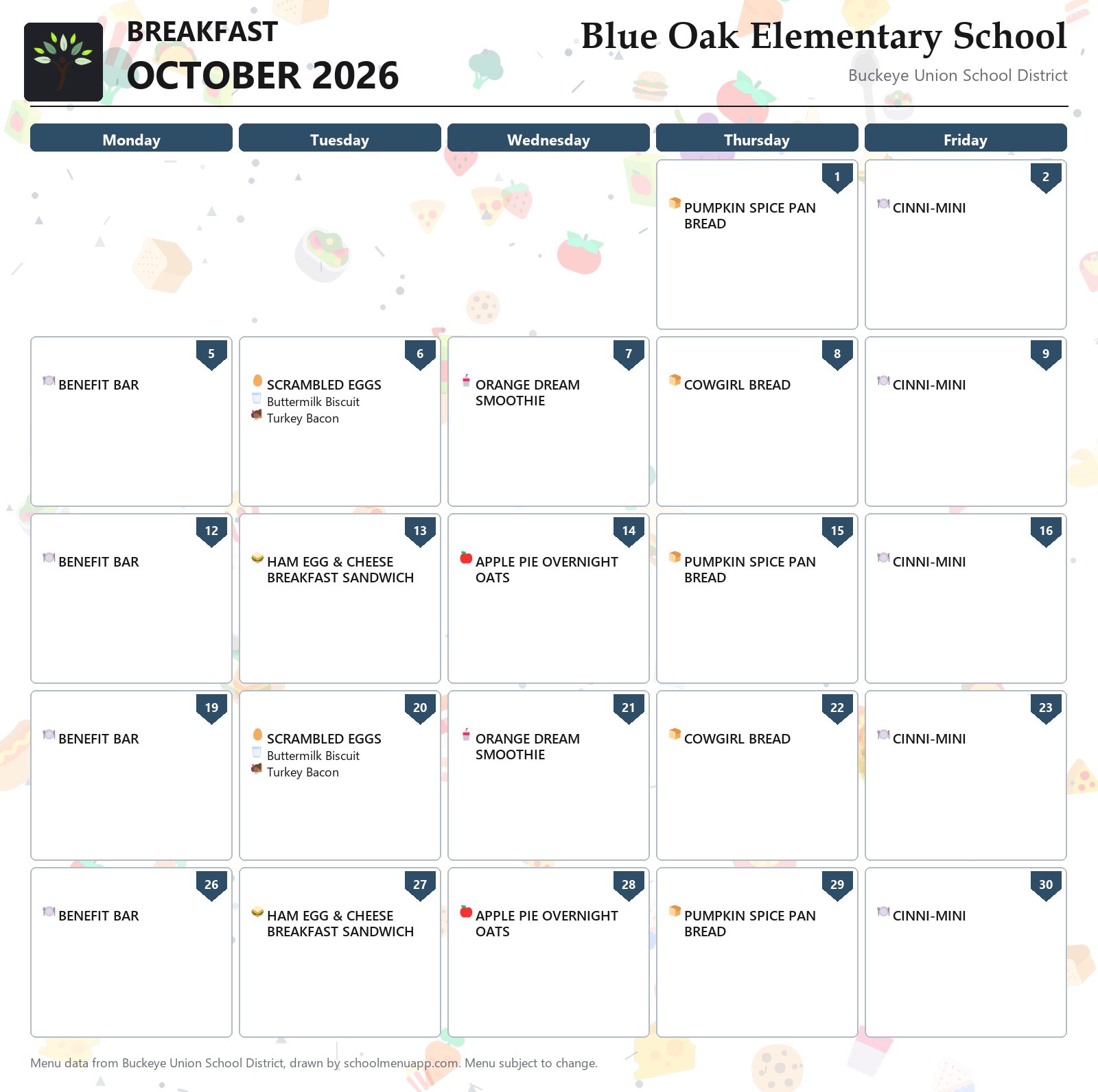 Blue Oak Elementary School breakfast menu for October 2026, Buckeye Union School District