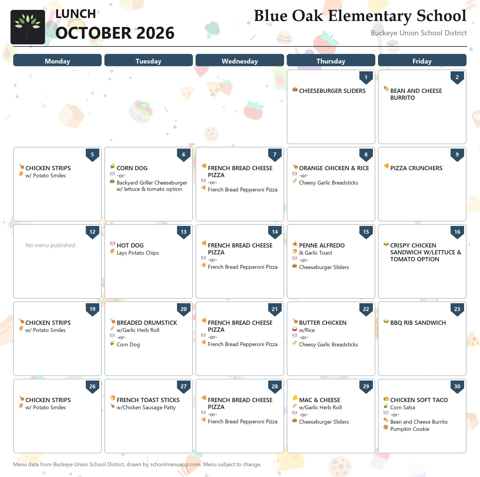 Blue Oak Elementary School lunch menu for October 2026, Buckeye Union School District