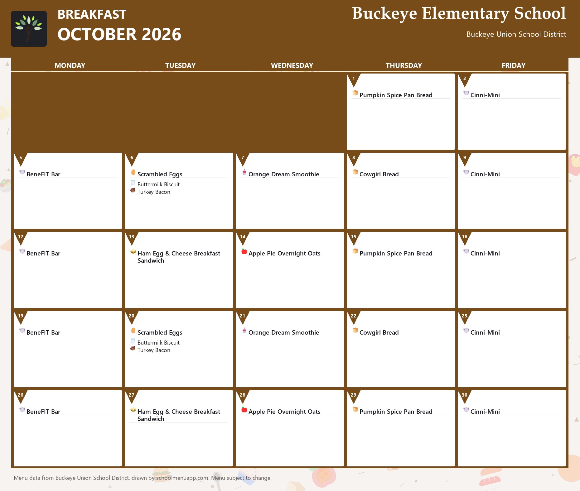 Buckeye Elementary School breakfast menu for October 2026, Buckeye Union School District