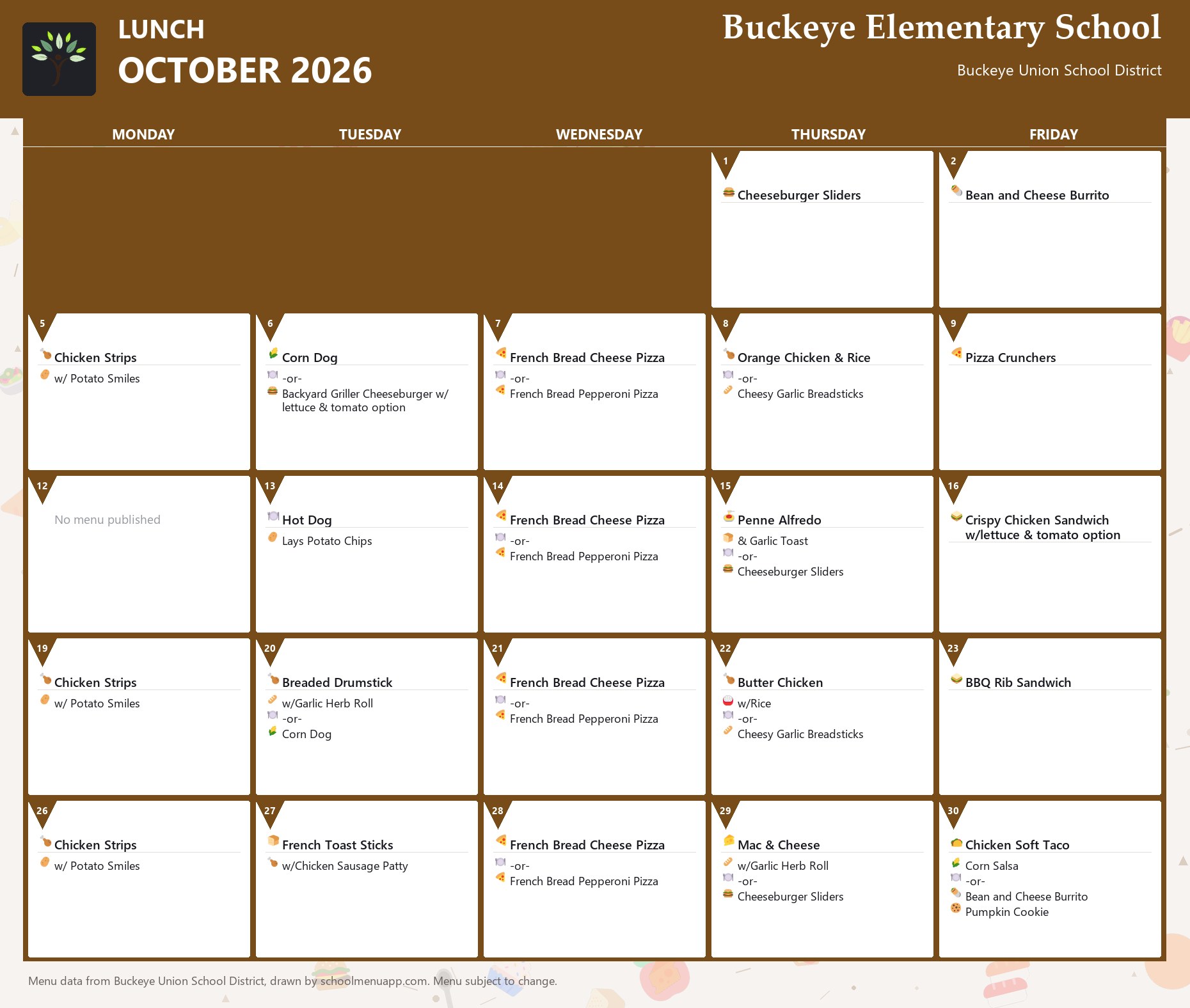 Buckeye Elementary School lunch menu for October 2026, Buckeye Union School District