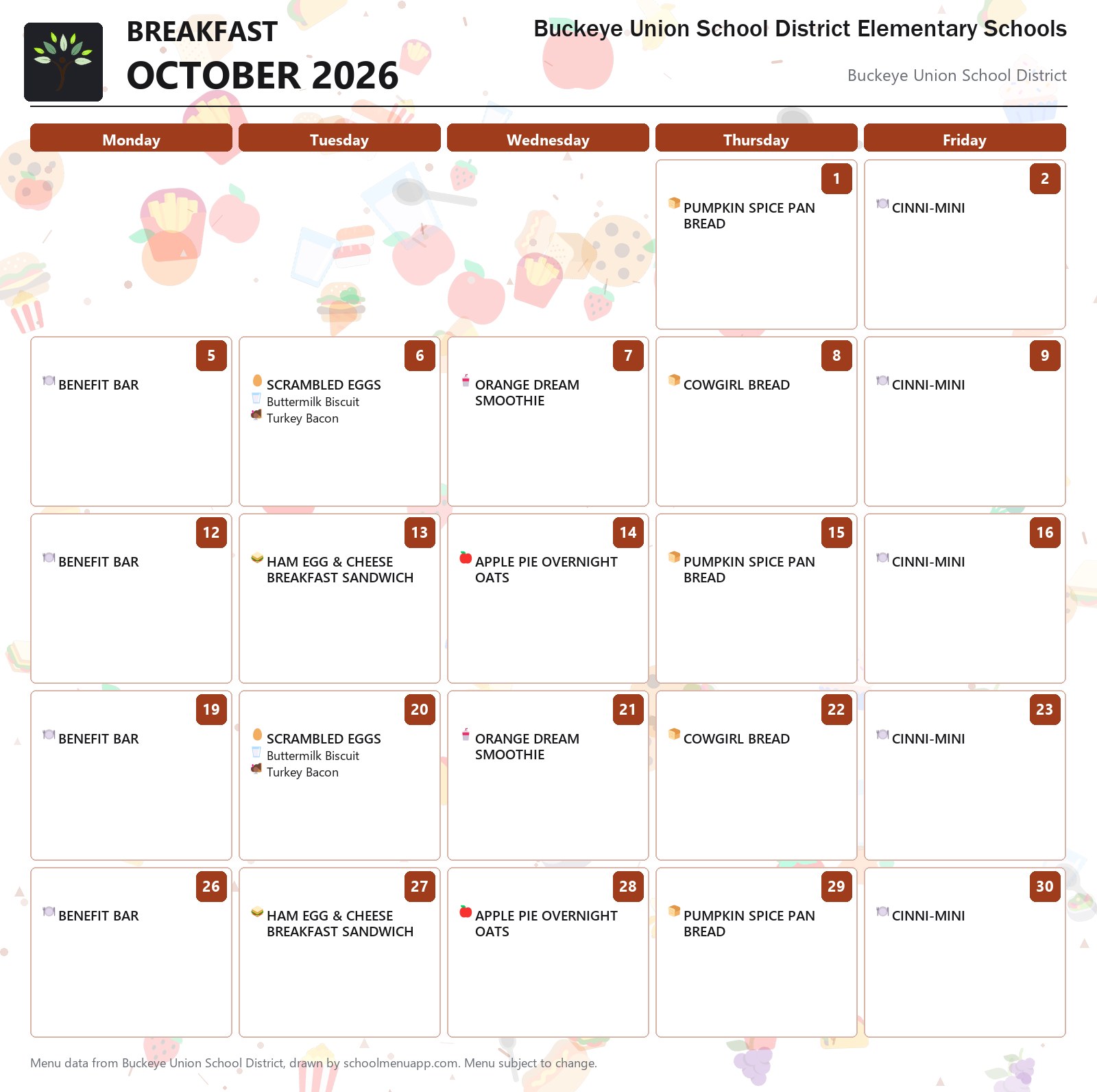 Buckeye Union School District Elementary Schools breakfast menu for October 2026, Buckeye Union School District