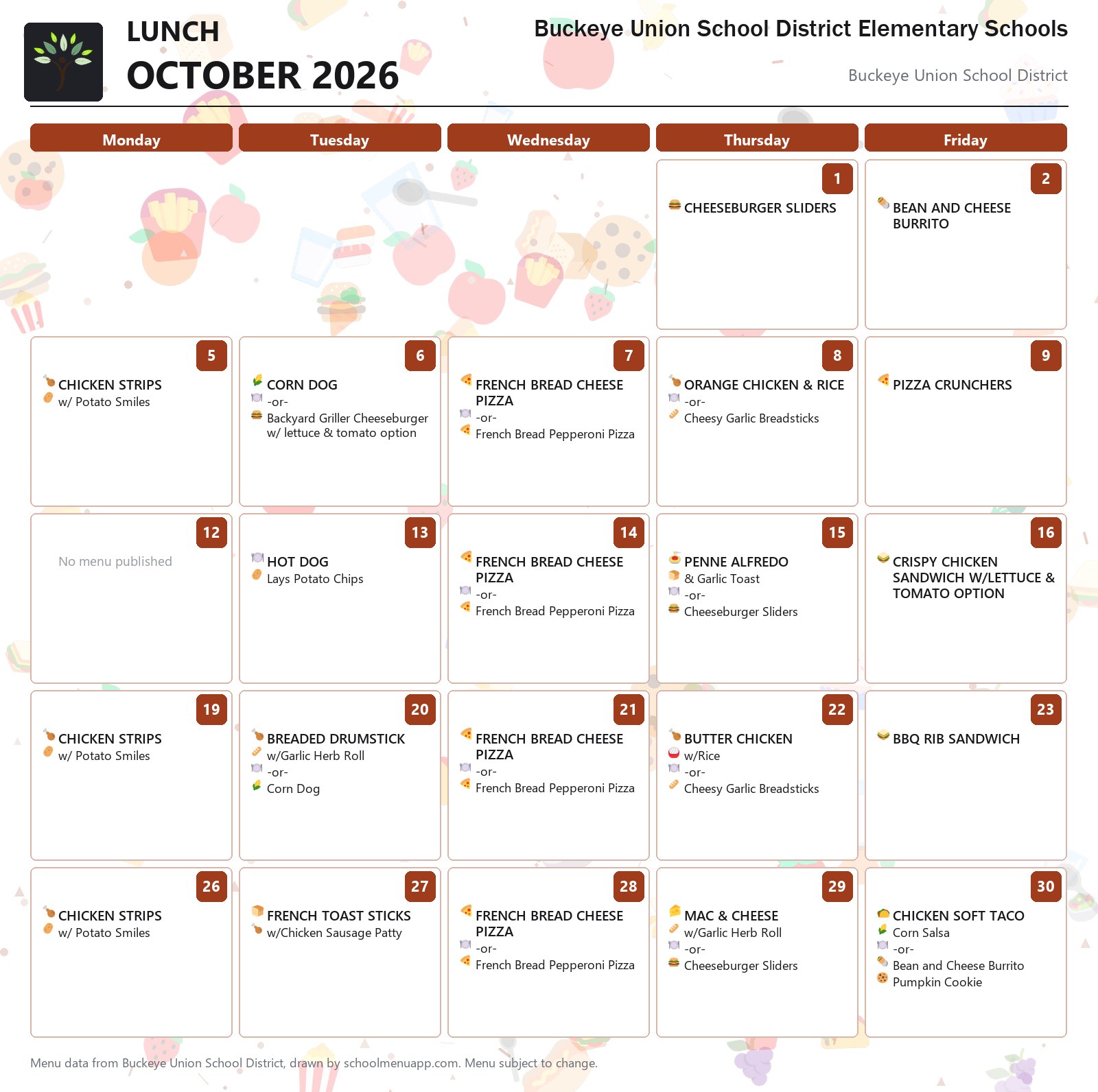 Buckeye Union School District Elementary Schools lunch menu for October 2026, Buckeye Union School District