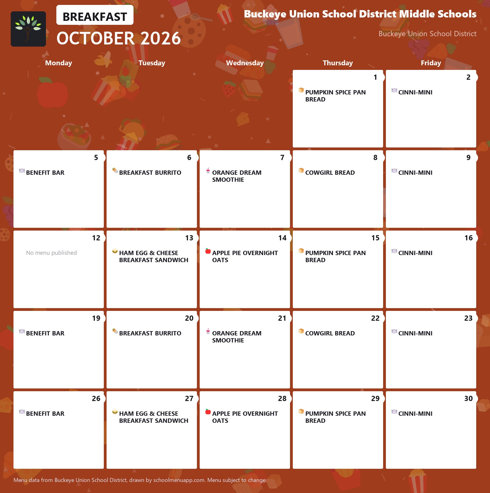 Buckeye Union School District Middle Schools breakfast menu for October 2026, Buckeye Union School District