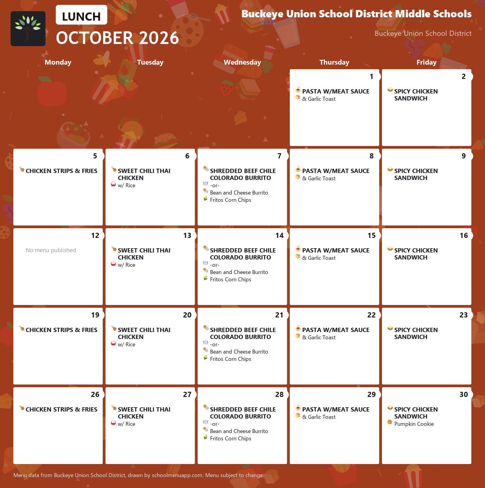 Buckeye Union School District Middle Schools lunch menu for October 2026, Buckeye Union School District