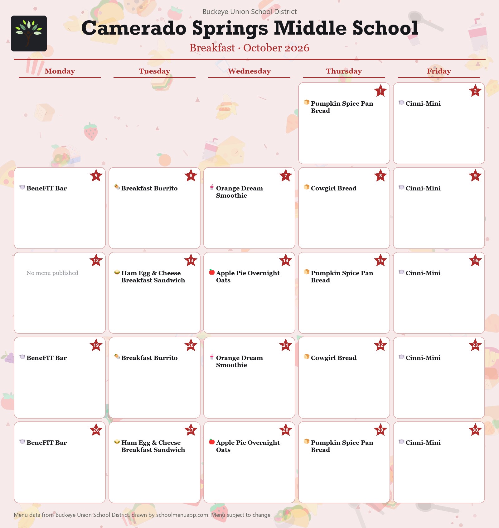 Camerado Springs Middle School breakfast menu for October 2026, Buckeye Union School District