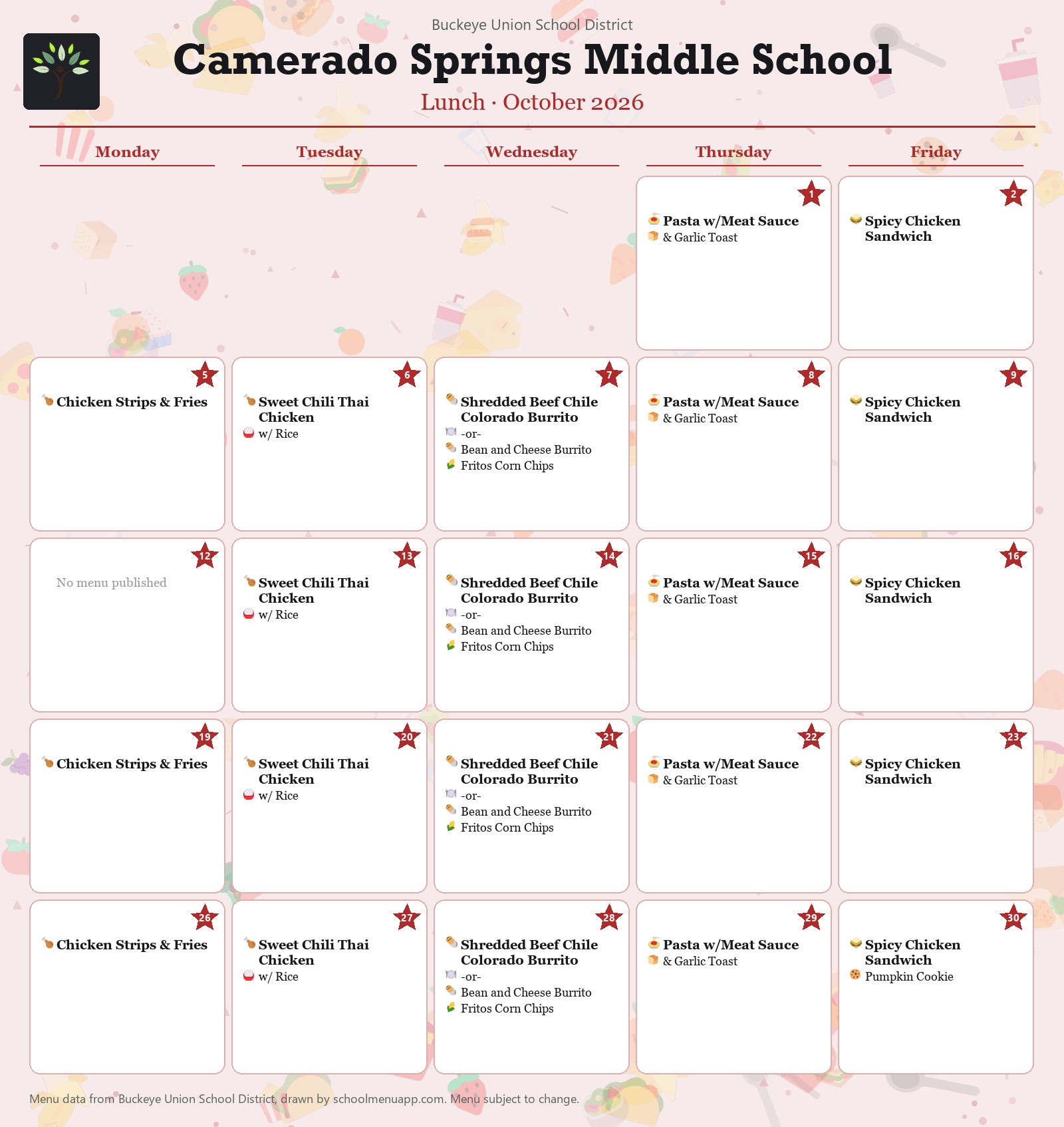 Camerado Springs Middle School lunch menu for October 2026, Buckeye Union School District