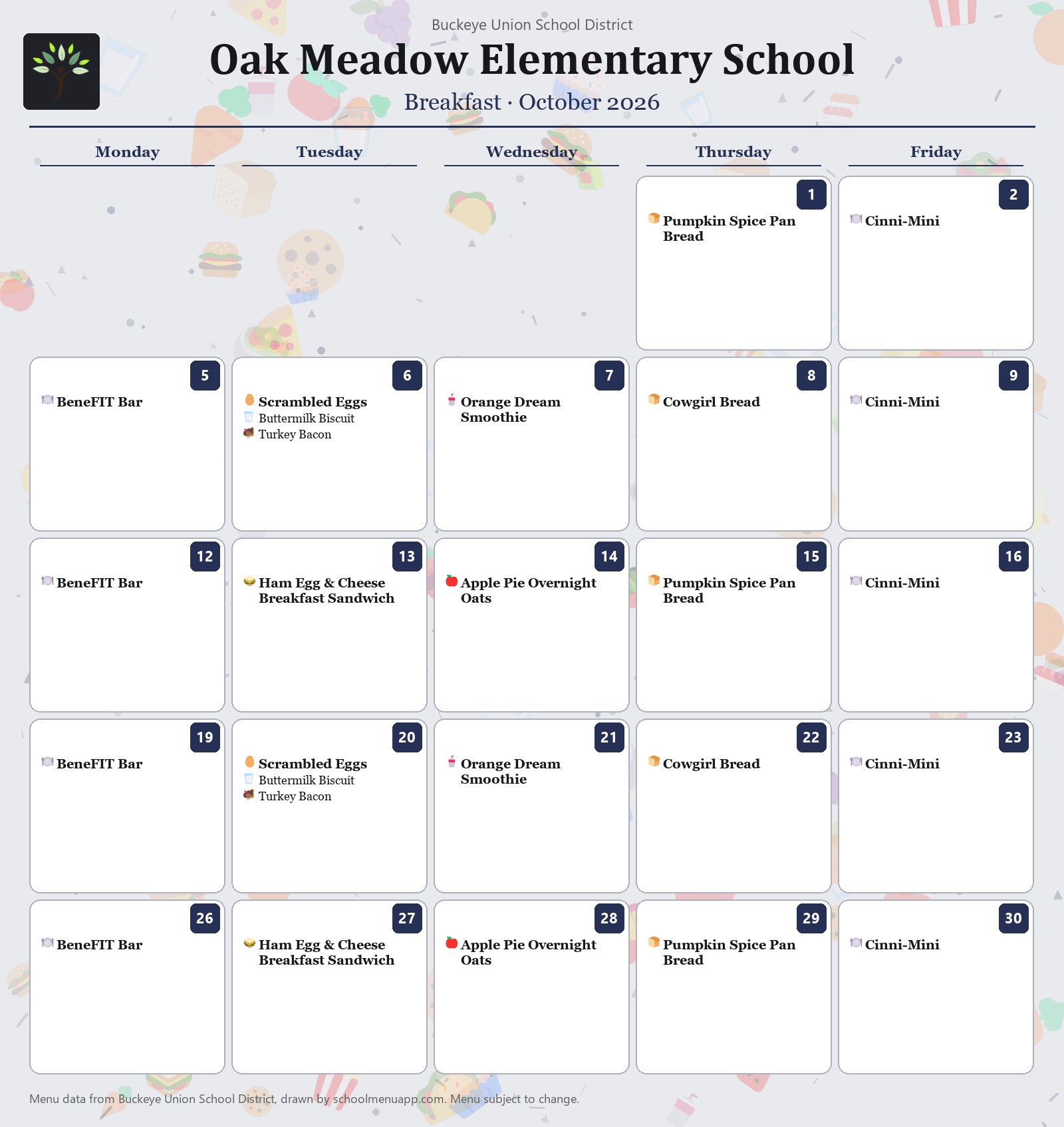 Oak Meadow Elementary School breakfast menu for October 2026, Buckeye Union School District
