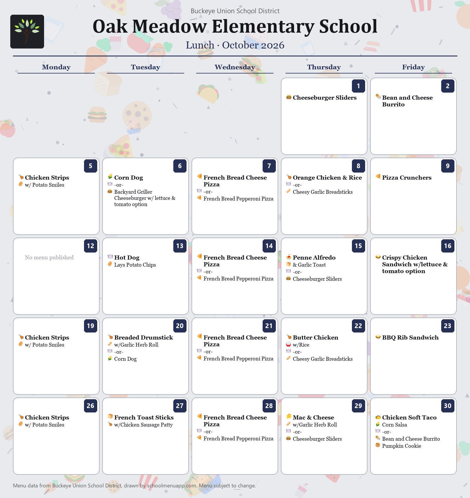 Oak Meadow Elementary School lunch menu for October 2026, Buckeye Union School District
