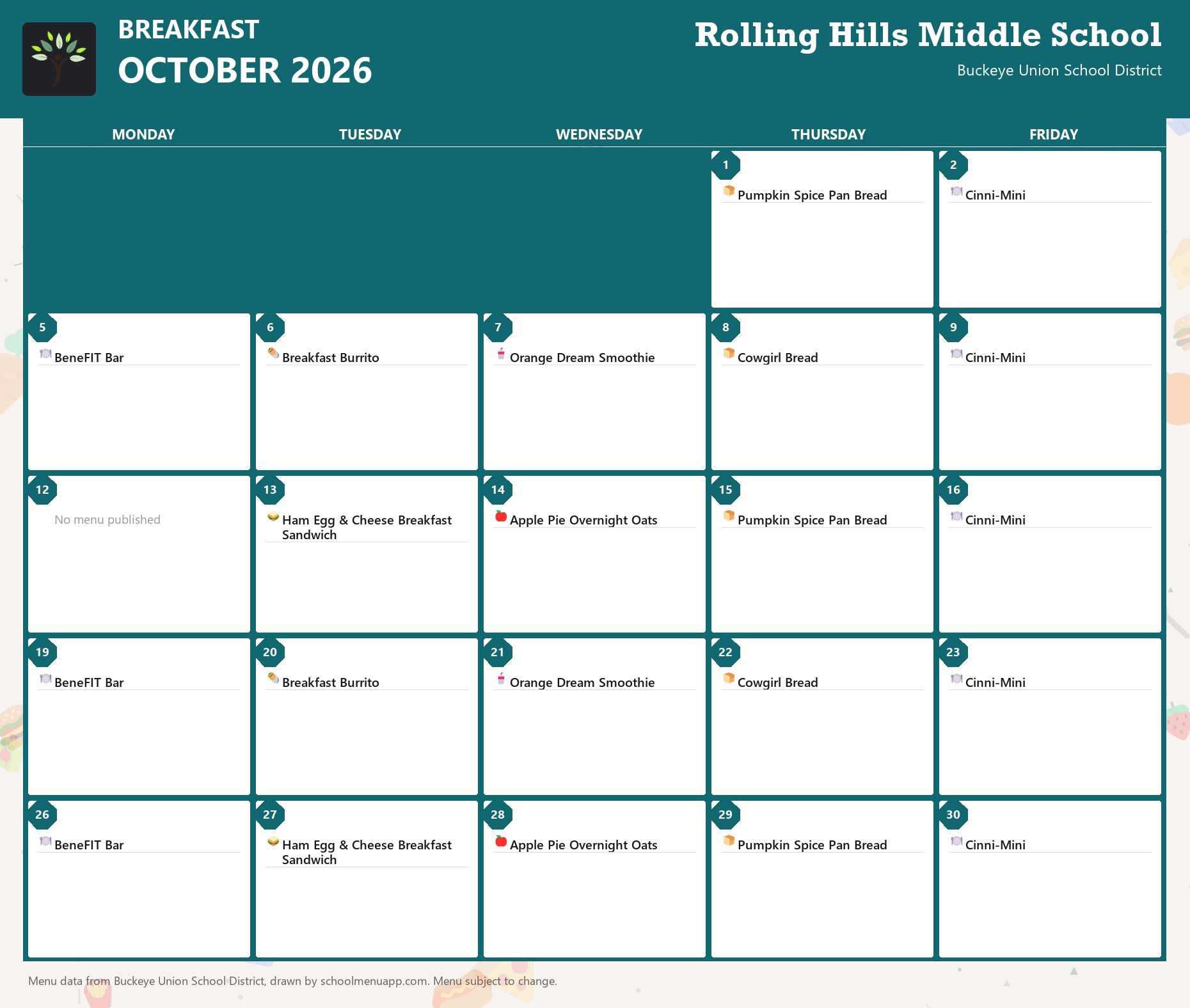 Rolling Hills Middle School breakfast menu for October 2026, Buckeye Union School District