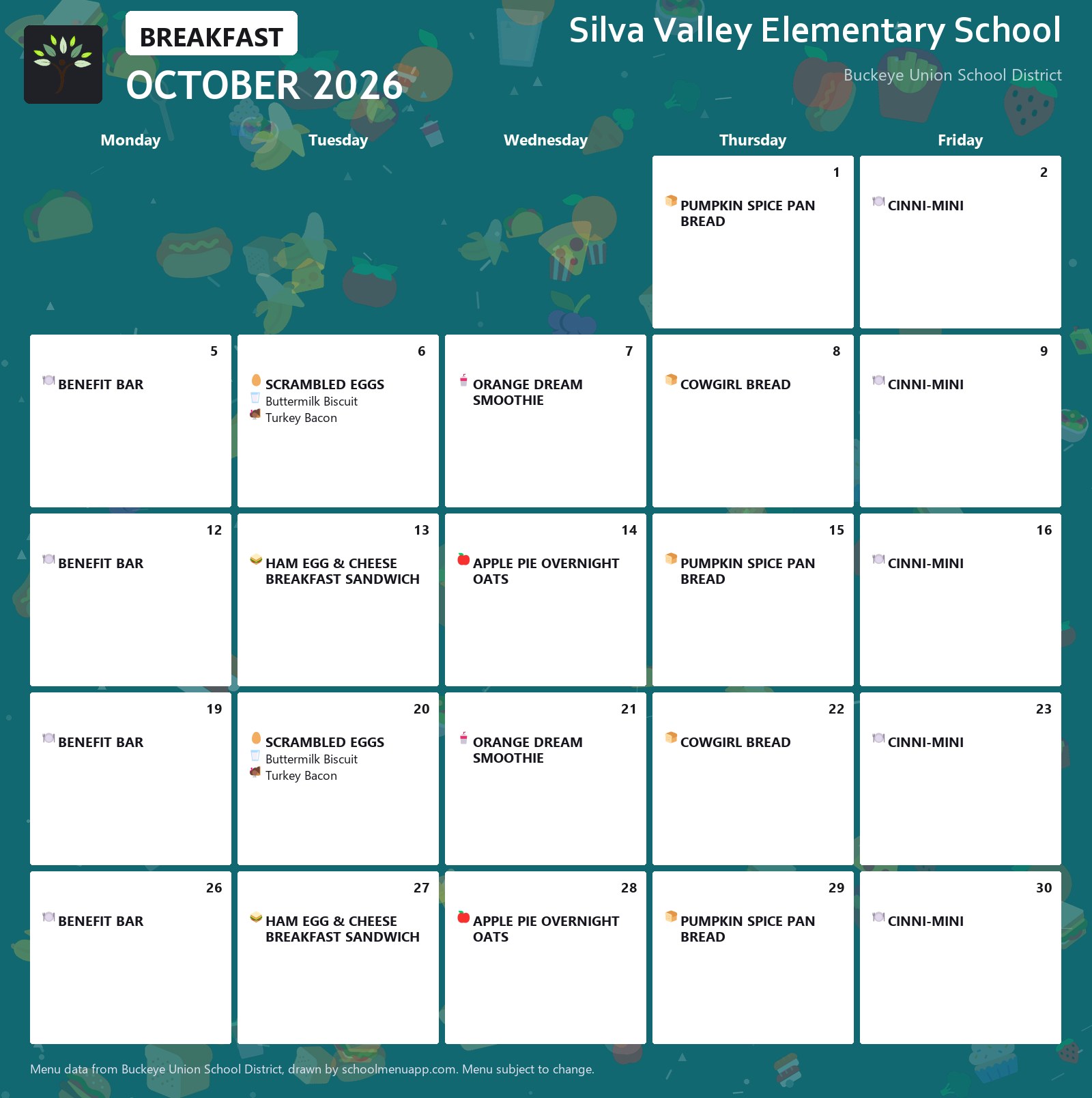 Silva Valley Elementary School breakfast menu for October 2026, Buckeye Union School District