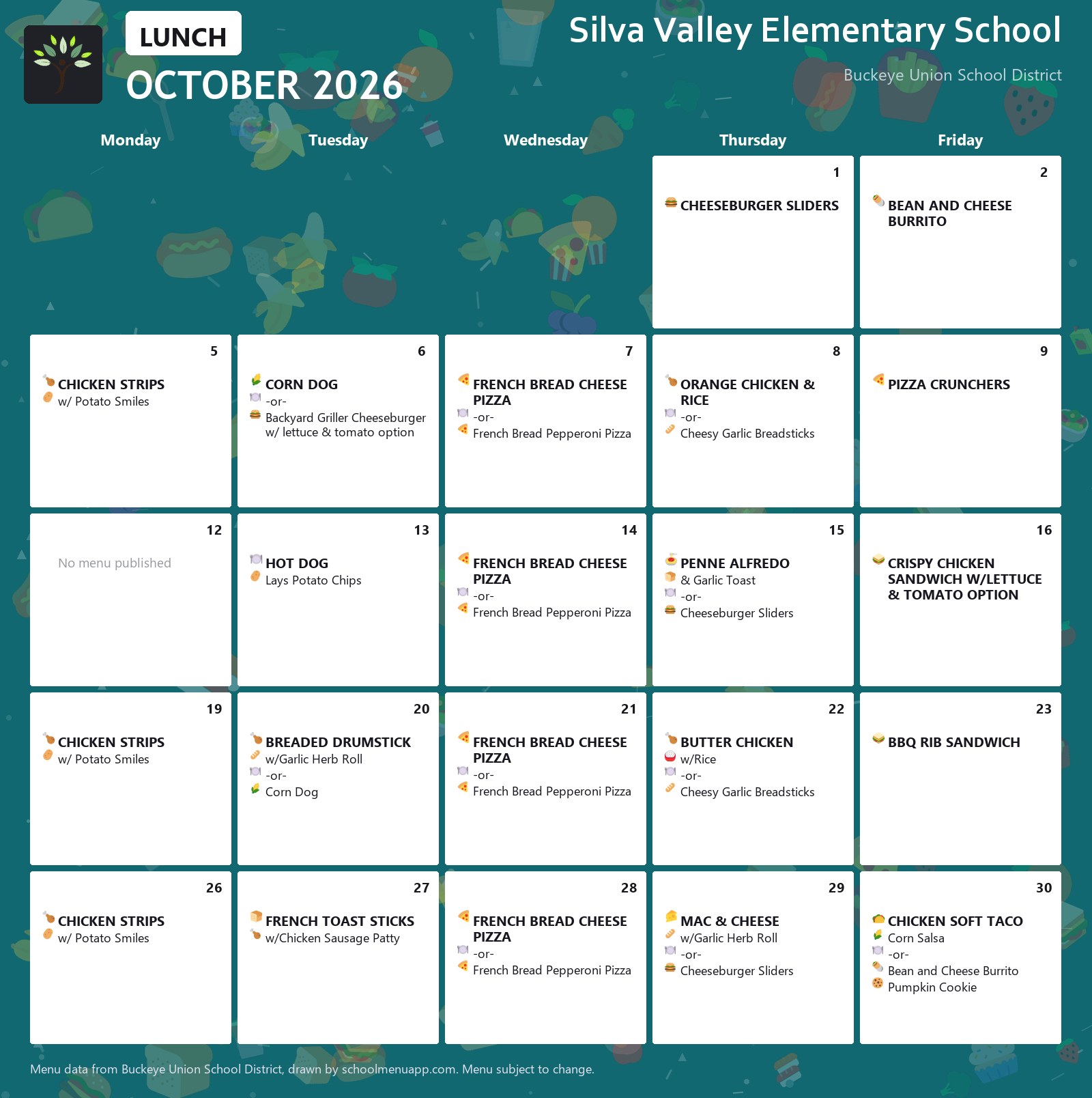 Silva Valley Elementary School lunch menu for October 2026, Buckeye Union School District