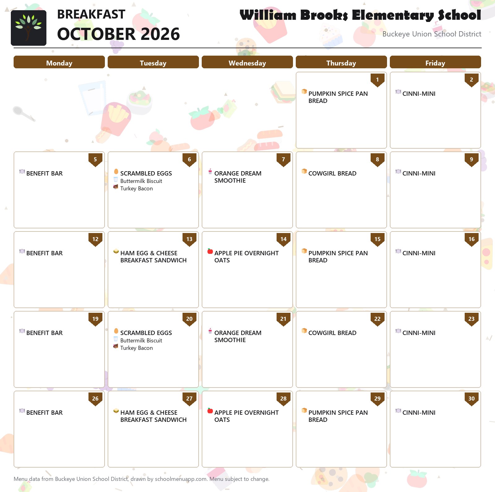 William Brooks Elementary School breakfast menu for October 2026, Buckeye Union School District