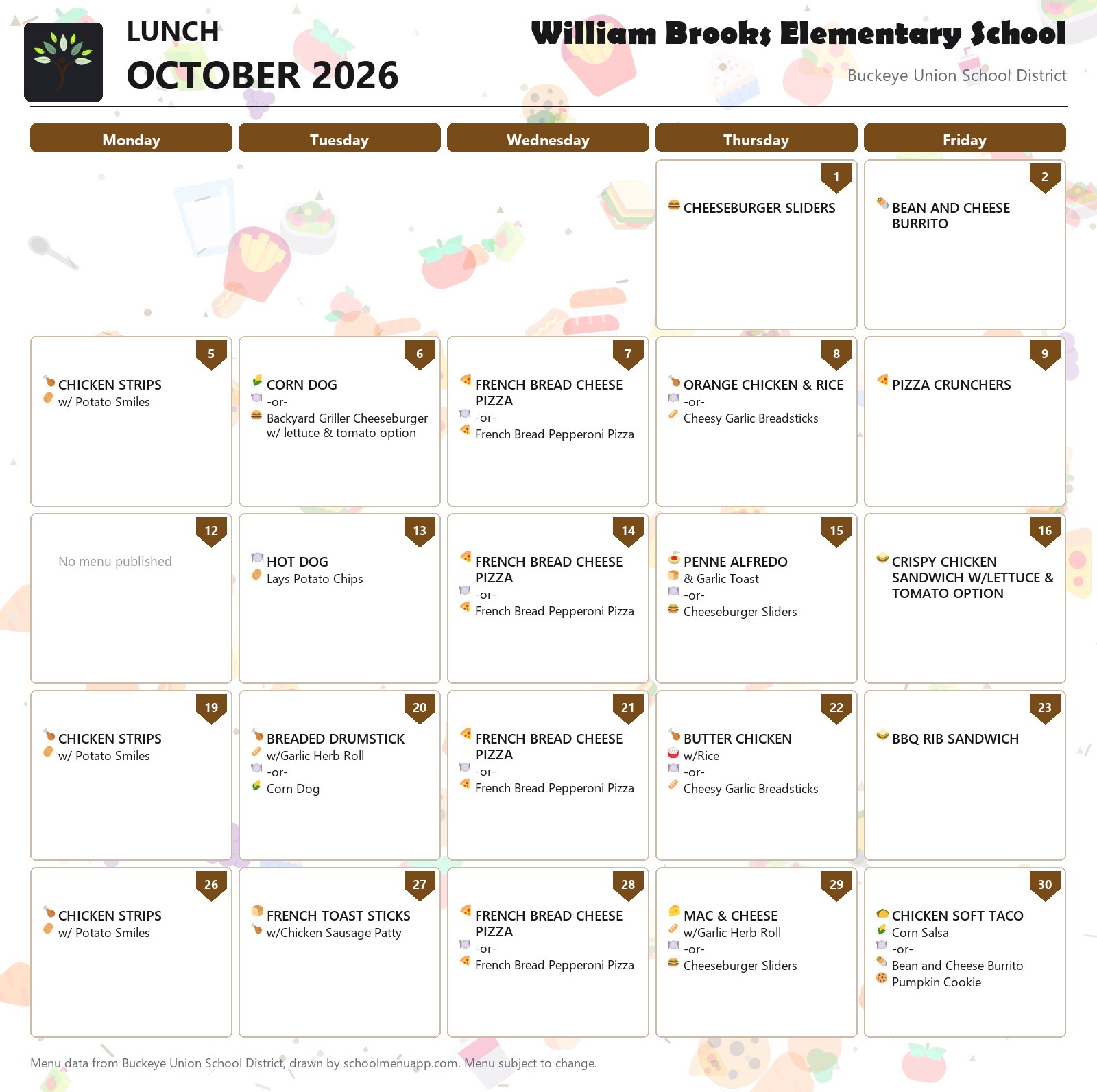 William Brooks Elementary School lunch menu for October 2026, Buckeye Union School District