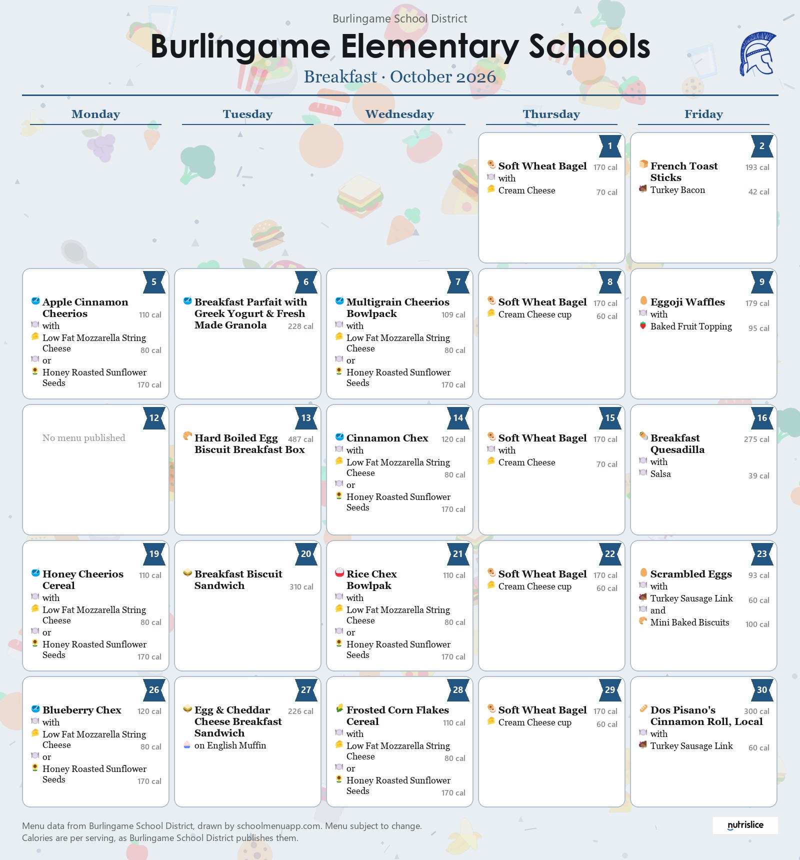 Burlingame Elementary Schools breakfast menu for October 2026, Burlingame School District