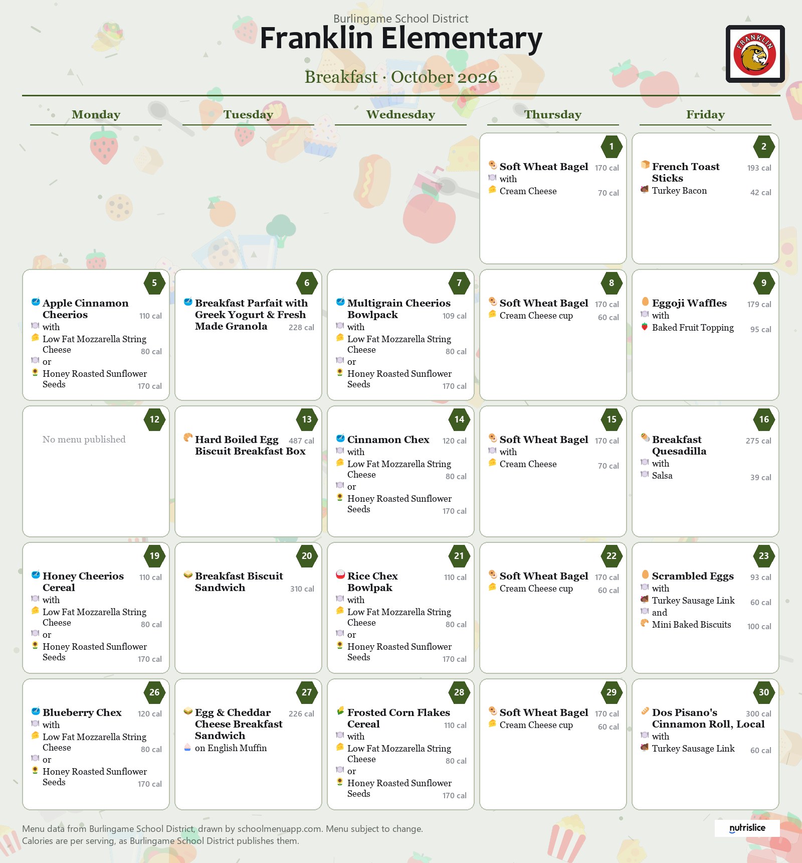 Franklin Elementary breakfast menu for October 2026, Burlingame School District